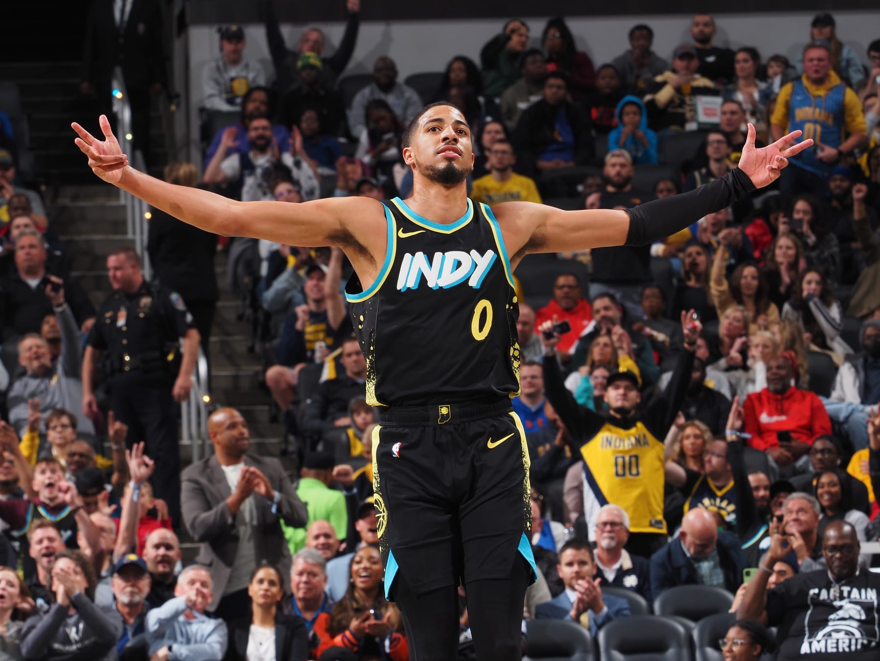 INDIANAPOLIS, IN - NOVEMBER 9: Tyrese Haliburton #0 of the Indiana Pacers celebrates during the game against the Milwaukee Bucks on November 9, 2023 at Gainbridge Fieldhouse in Indianapolis, Indiana. NOTE TO USER: User expressly acknowledges and agrees that, by downloading and or using this Photograph, user is consenting to the terms and conditions of the Getty Images License Agreement. Mandatory Copyright Notice: Copyright 2023 NBAE (Photo by Ron Hoskins/NBAE via Getty Images) INDIANAPOLIS, IN - NOVEMBER 9: Tyrese Haliburton #0 of the Indiana Pacers celebrates during the game against the Milwaukee Bucks on November 9, 2023 at Gainbridge Fieldhouse in Indianapolis, Indiana. NOTE TO USER: User expressly acknowledges and agrees that, by downloading and or using this Photograph, user is consenting to the terms and conditions of the Getty Images License Agreement. Mandatory Copyright Notice: Copyright 2023 NBAE (Photo by Ron Hoskins/NBAE via Getty Images)