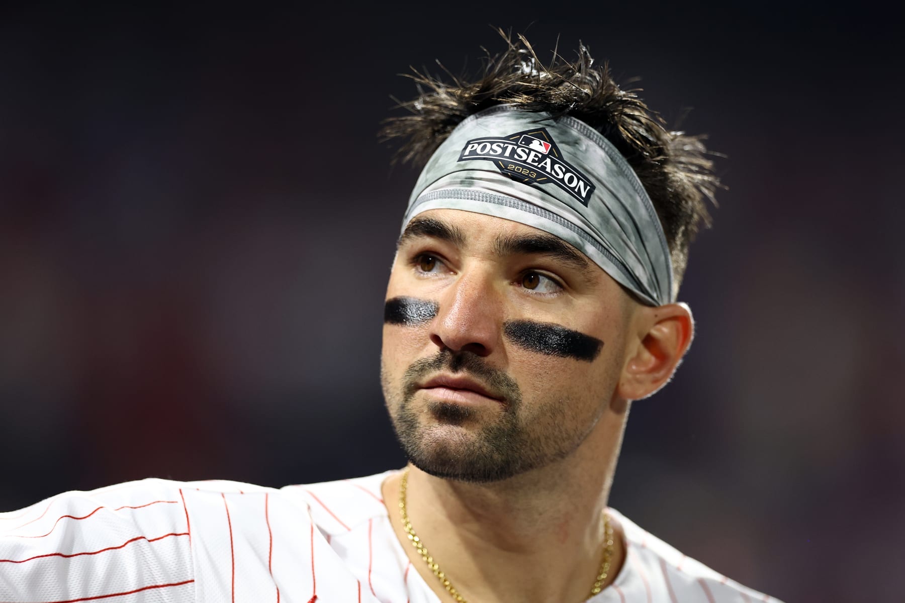 PHILADELPHIA, PENNSYLVANIA - OCTOBER 24: Nick Castellanos #8 of the Philadelphia Phillies looks on against the Arizona Diamondbacks during the first inning in Game Seven of the Championship Series at Citizens Bank Park on October 24, 2023 in Philadelphia, Pennsylvania. (Photo by Tim Nwachukwu/Getty Images)