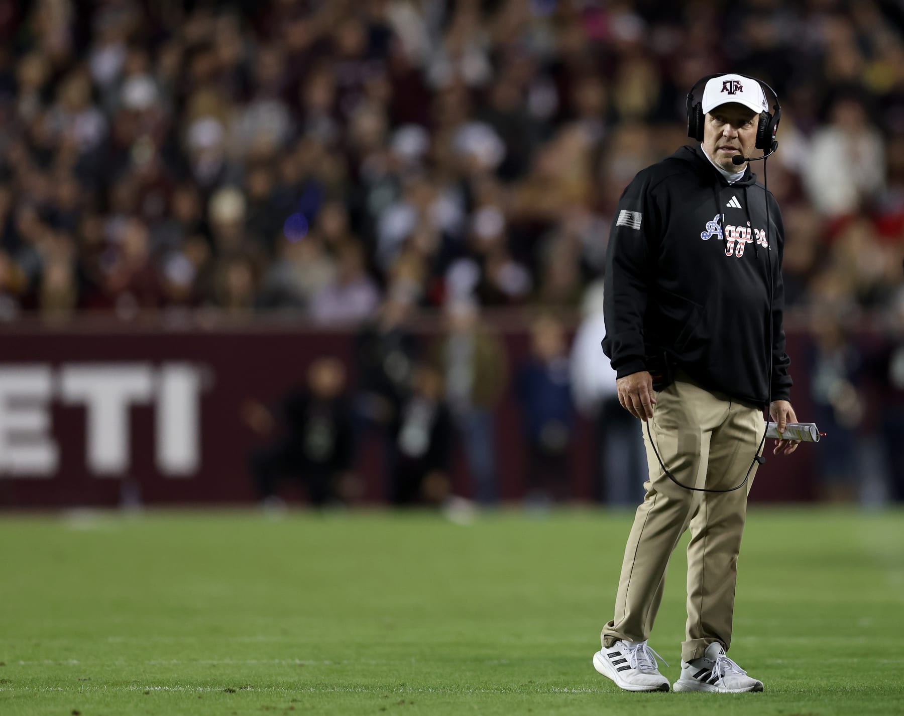 COLLEGE STATION, TEXAS - NOVEMBER 11: Head coach Jimbo Fisher of the Texas A&M Aggies reacts during the game against the Mississippi State Bulldogs at Kyle Field on November 11, 2023 in College Station, Texas. (Photo by Tim Warner/Getty Images)