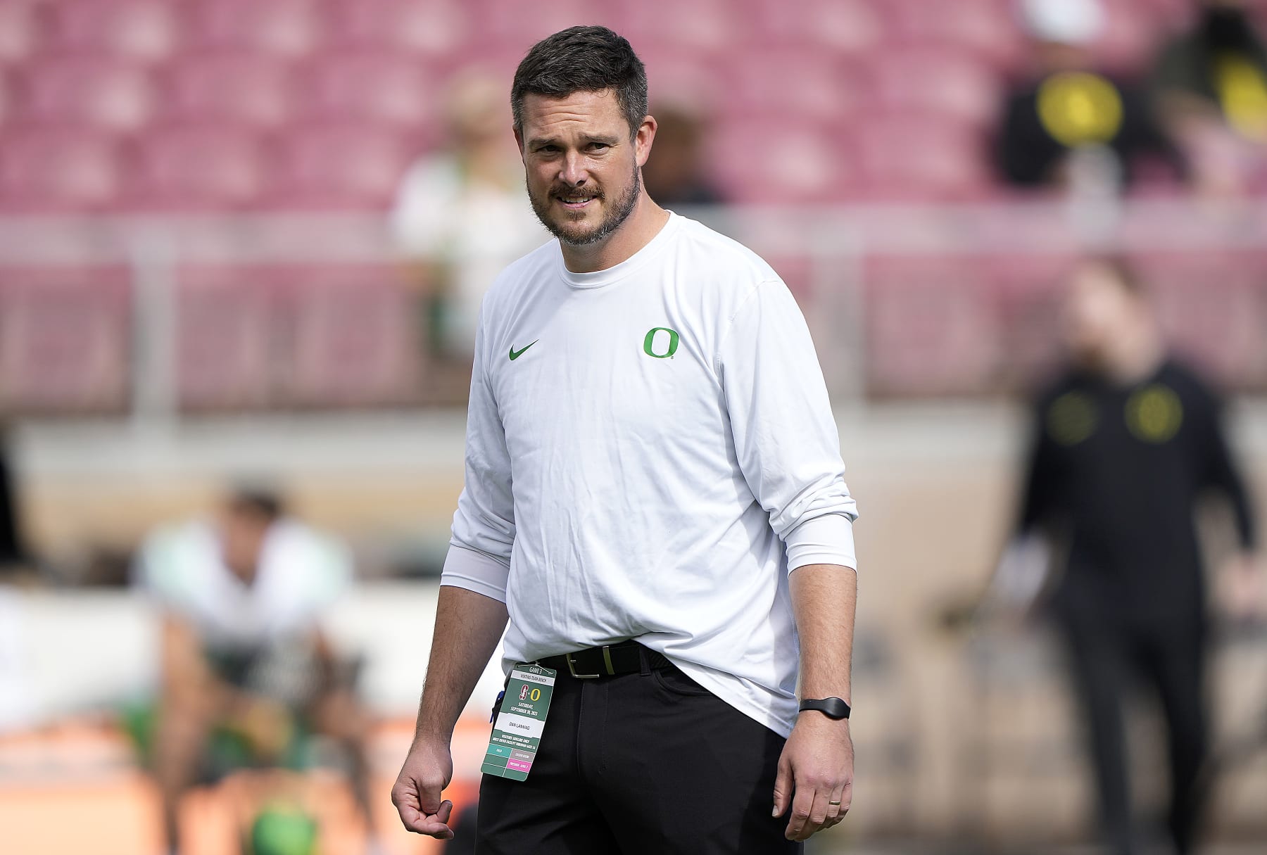 STANFORD, CALIFORNIA - SEPTEMBER 30: Head coach Dan Lanning of the Oregon Ducks looks on while his team warms up prior to playing against the Stanford Cardinal in an NCAA football game at Stanford Stadium on September 30, 2023 in Stanford, California. (Photo by Thearon W. Henderson/Getty Images)