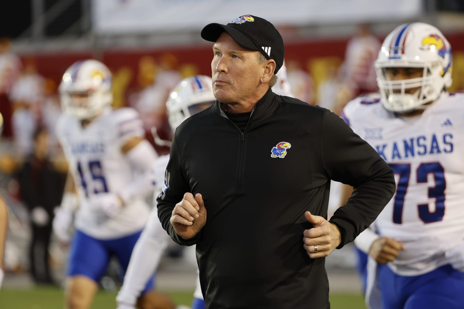 AMES, IA - NOVEMBER 4: Head coach Lance Leipold of the Kansas Jayhawks takes the field at Jack Trice Stadium on November 4, 2023 in Ames, Iowa. The Kansas Jayhawks won 28-21 over the Iowa State Cyclones. (Photo by David K Purdy/Getty Images)