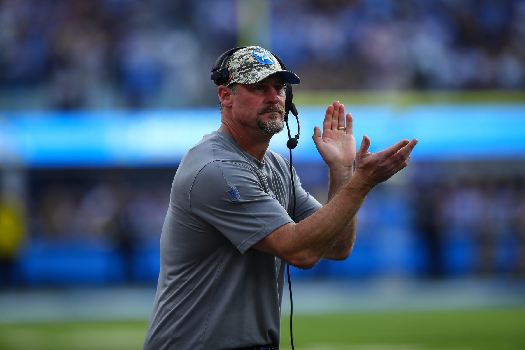 INGLEWOOD, CA - NOVEMBER 12: Detroit Lions Dan Campbell claps during the NFL game between the Detroit Lions and the Los Angeles Chargers on November 12, 2023, at SoFi Stadium in Inglewood, CA. (Photo by Jevone Moore/Icon Sportswire via Getty Images)
