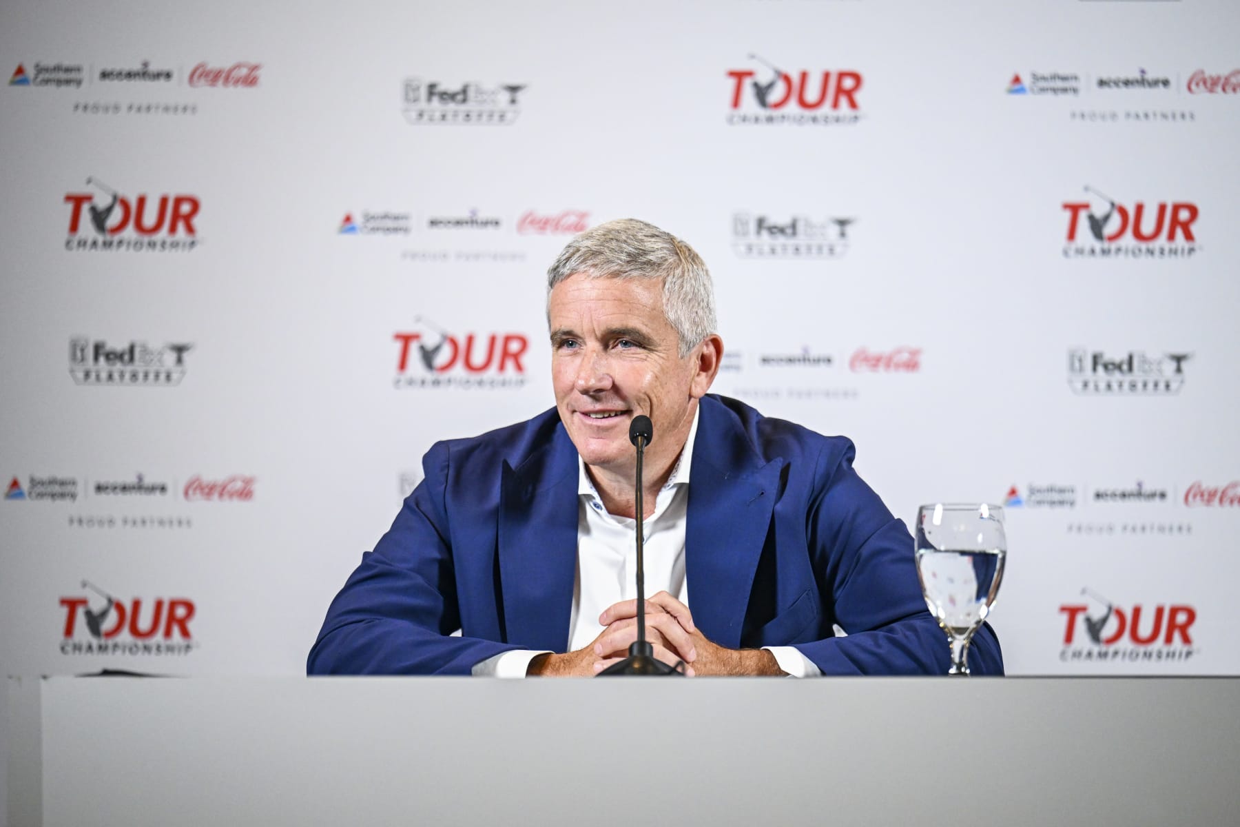 ATLANTA, GEORGIA - AUGUST 22:  PGA TOUR Commissioner Jay Monahan smiles during his annual "State of the PGA TOUR" press conference prior to the TOUR Championship, the third and final event of the FedExCup Playoffs, at East Lake Golf Club on August 22, 2023 in Atlanta, Georgia. (Photo by Keyur Khamar/PGA TOUR via Getty Images)