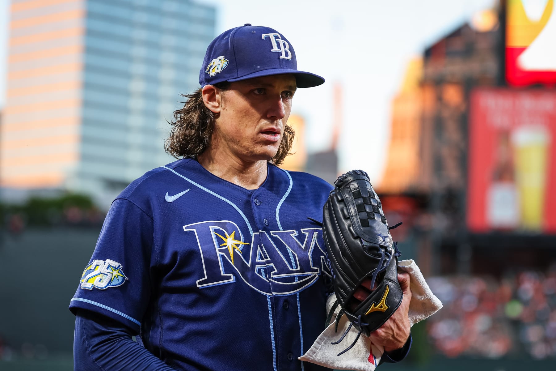 BALTIMORE, MD - SEPTEMBER 16: Tyler Glasnow #20 of the Tampa Bay Rays looks on before the game against the Baltimore Orioles at Oriole Park at Camden Yards on September 16, 2023 in Baltimore, Maryland. (Photo by Scott Taetsch/Getty Images)