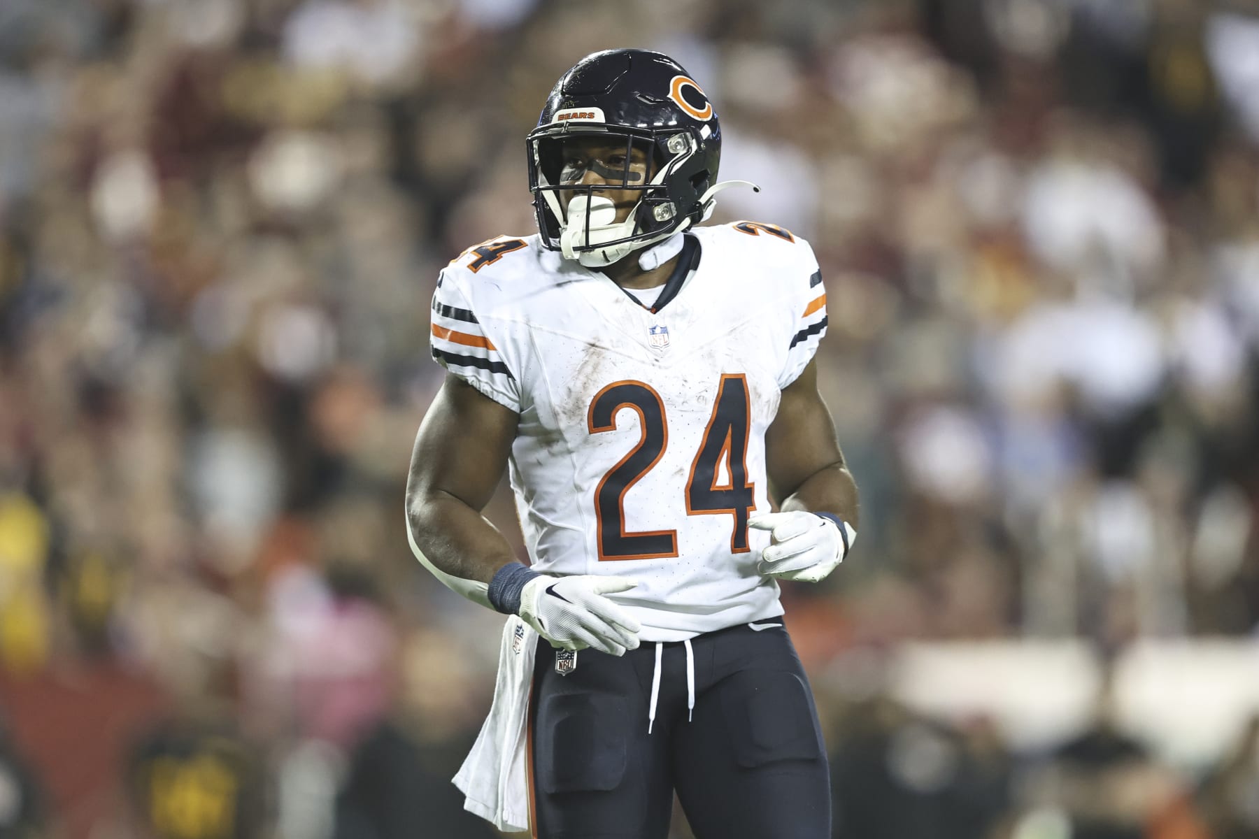 LANDOVER, MARYLAND - OCTOBER 05: Khalil Herbert #24 of the Chicago Bears looks on during an NFL football game between the Washington Commanders and the Chicago Bears at FedExField on October 05, 2023 in Landover, Maryland. (Photo by Michael Owens/Getty Images)