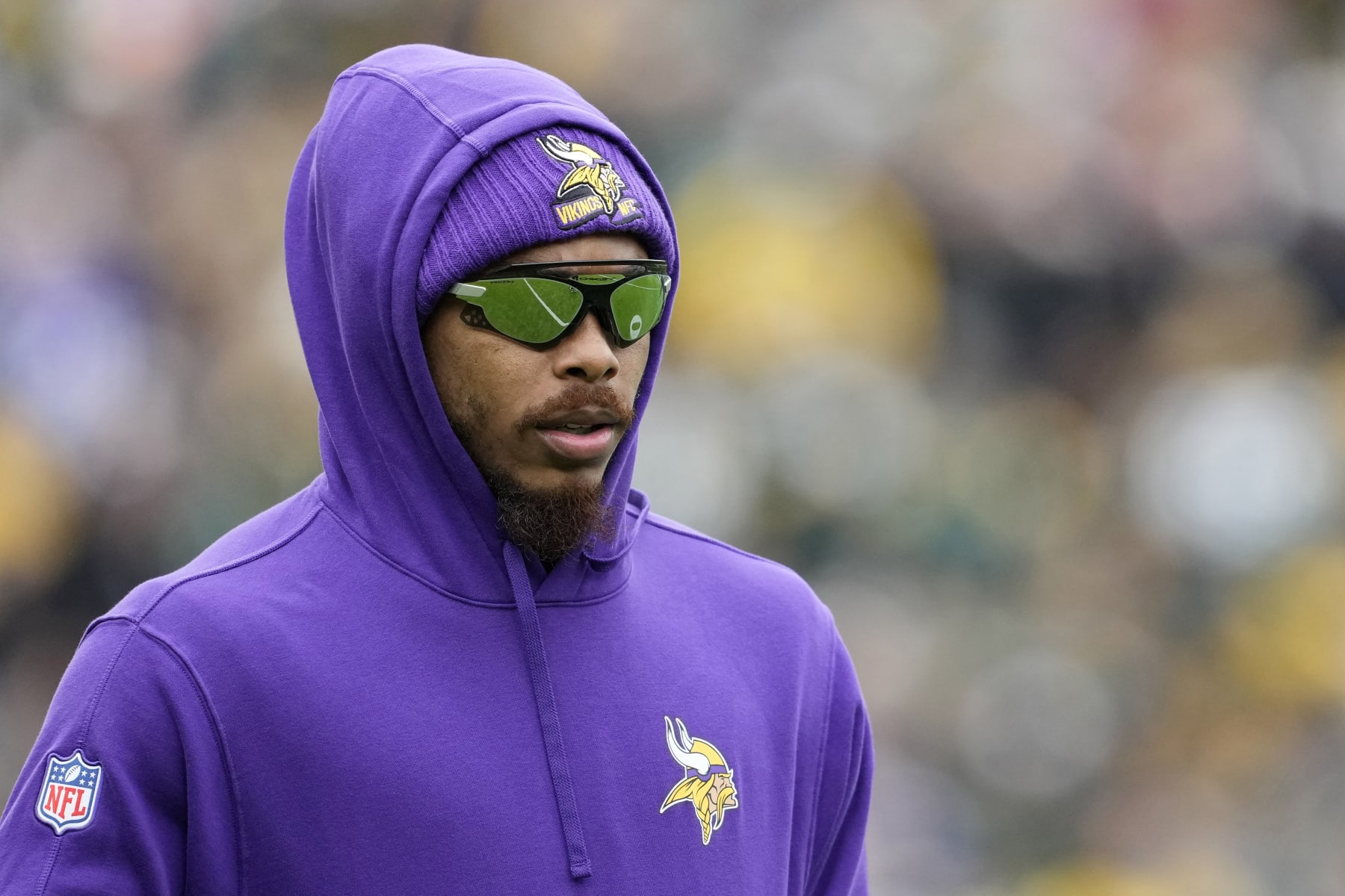 GREEN BAY, WISCONSIN - OCTOBER 29: Justin Jefferson #18 of the Minnesota Vikings looks on prior to the game against the Green Bay Packers at Lambeau Field on October 29, 2023 in Green Bay, Wisconsin. (Photo by Patrick McDermott/Getty Images)