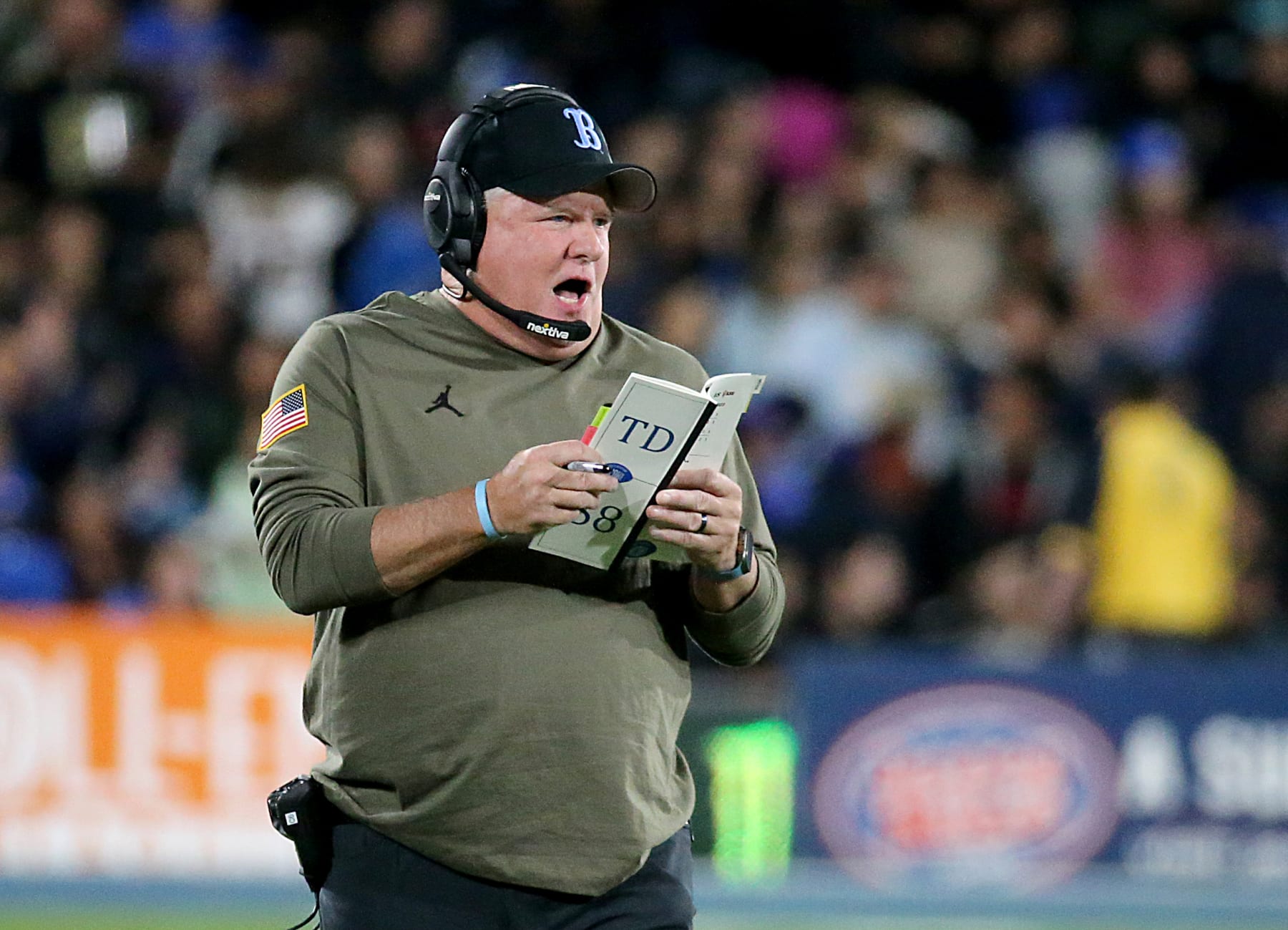 Pasadena, CA - UCLA head coach Chip Kelly on the sidelines during the game against ASU at the Rose Bowl in Pasadena on Saturday night, Nov. 11, 2023. (Luis Sinco / Los Angeles Times via Getty Images)
