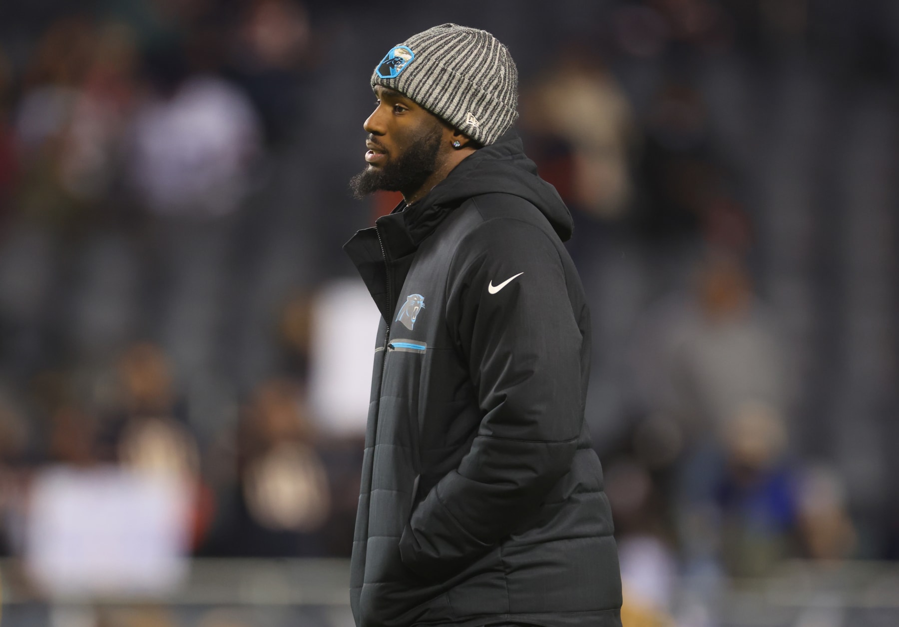 CHICAGO, ILLINOIS - NOVEMBER 09: Brian Burns #0 of the Carolina Panthers is seen on the field prior to a game against the Chicago Bears at Soldier Field on November 09, 2023 in Chicago, Illinois. (Photo by Michael Reaves/Getty Images)