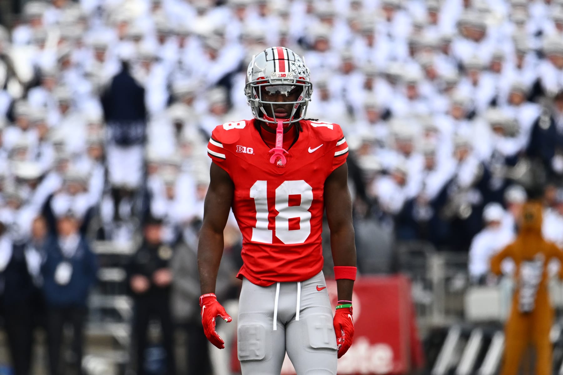 COLUMBUS, OHIO - OCTOBER 21: Marvin Harrison Jr. #18 of the Ohio State Buckeyes lines up prior to a play during the second quarter of a game against the Penn State Nittany Lions at Ohio Stadium on October 21, 2023 in Columbus, Ohio. (Photo by Ben Jackson/Getty Images)