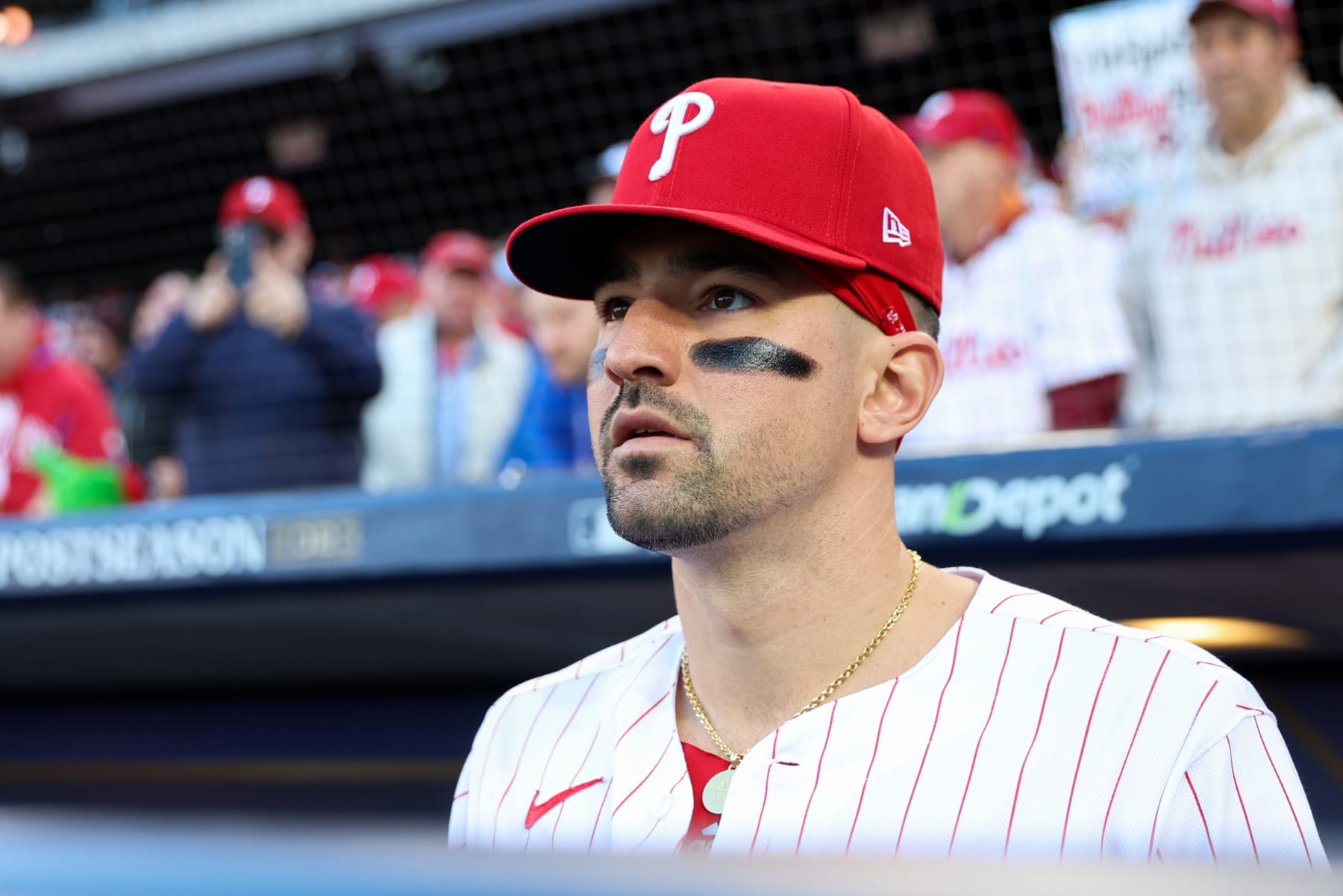 PHILADELPHIA, PA - OCTOBER 23: RF Nick Castellanos of the Philadelphia Phillies looks on prior to Game 6 of the NLCS between the Arizona Diamondbacks and the Philadelphia Phillies at Citizens Bank Park on Monday, October 23, 2023 in Philadelphia, Pennsylvania. (Photo by Rob Tringali/MLB Photos via Getty Images)