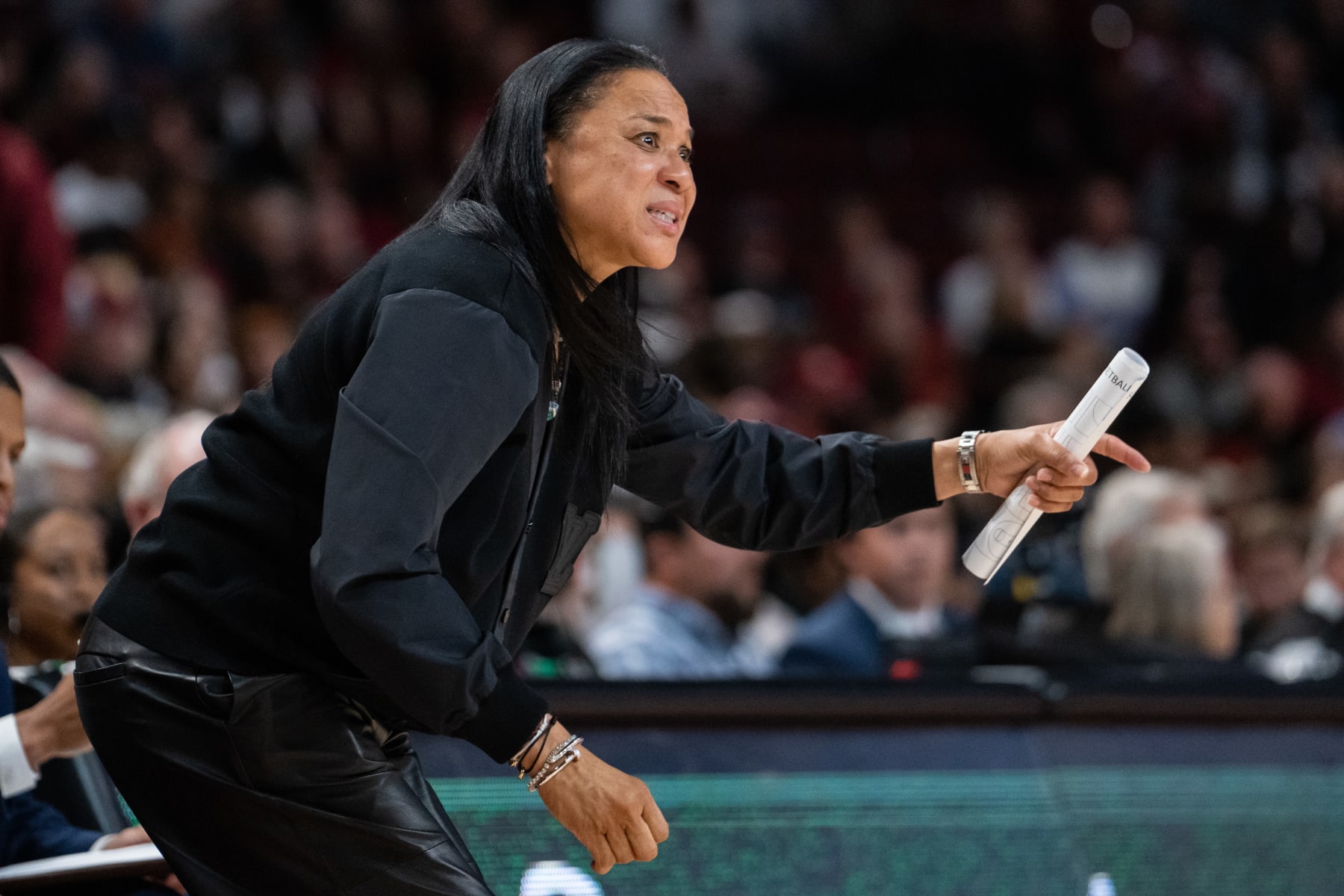 COLUMBIA, SOUTH CAROLINA - NOVEMBER 12: Head coach Dawn Staley of the South Carolina Gamecocks looks on against the Maryland Terrapins during their game at Colonial Life Arena on November 12, 2023 in Columbia, South Carolina. (Photo by Jacob Kupferman/Getty Images)