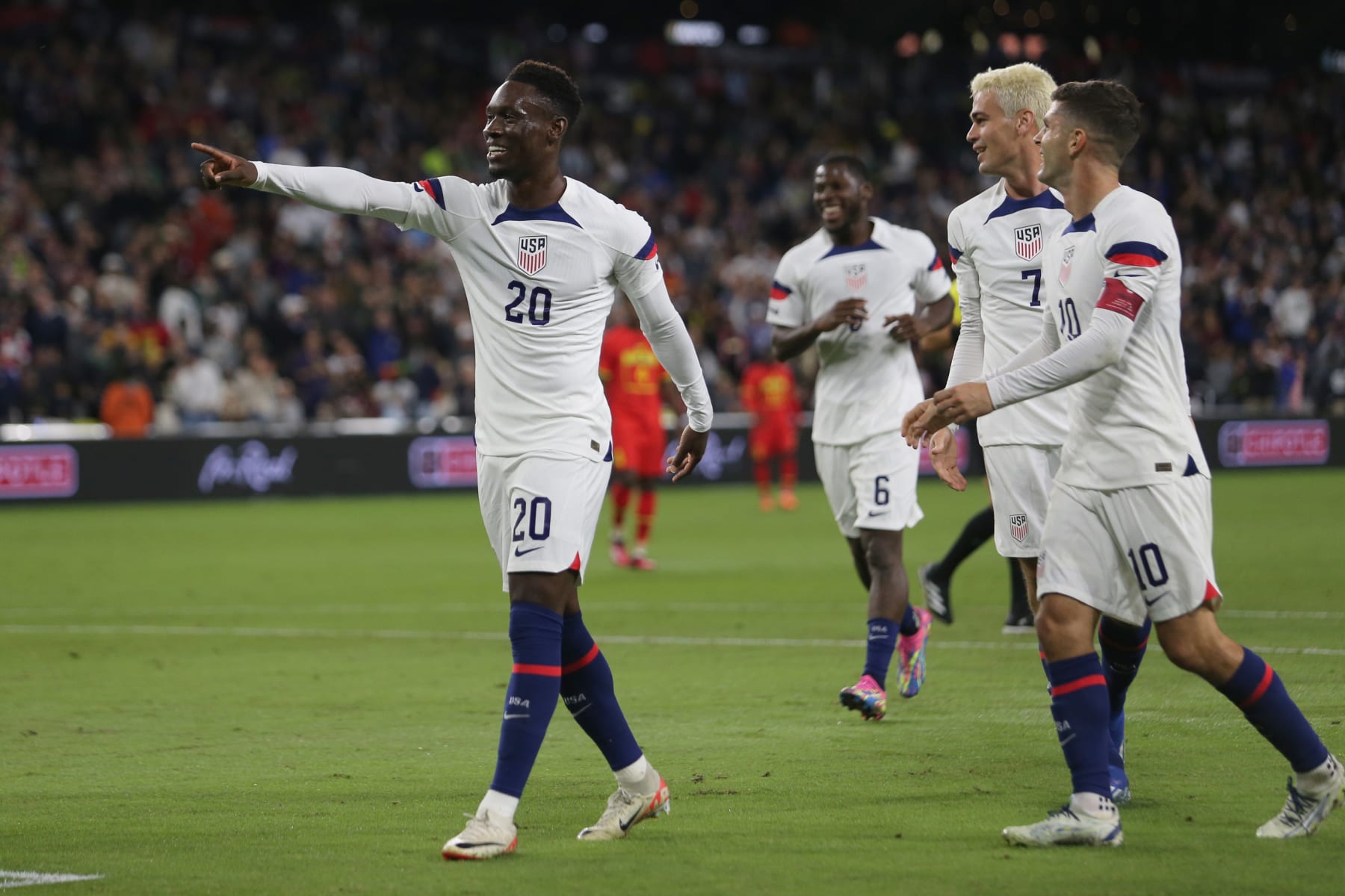 NASHVILLE, TENNESSEE - OCTOBER 17: Folarin Balogun #20 of the United States celebrates scoring during the first half against Ghana during an international friendly at GEODIS Park on October 17, 2023 in Nashville, Tennessee. (Photo by Erin Chang/ISI Photos/USSF/Getty Images for USSF)