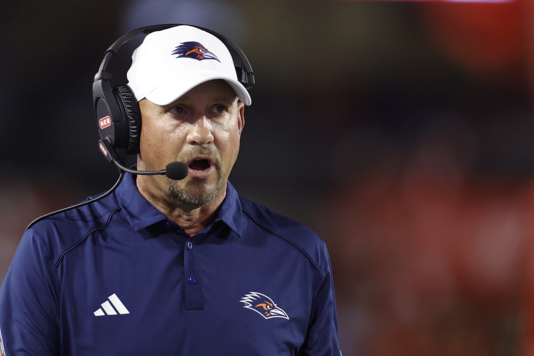 HOUSTON, TEXAS - SEPTEMBER 02: Head coach Jeff Traylor of the UTSA Roadrunners looks on against the Houston Cougars during the second half at TDECU Stadium on September 02, 2023 in Houston, Texas. (Photo by Carmen Mandato/Getty Images)