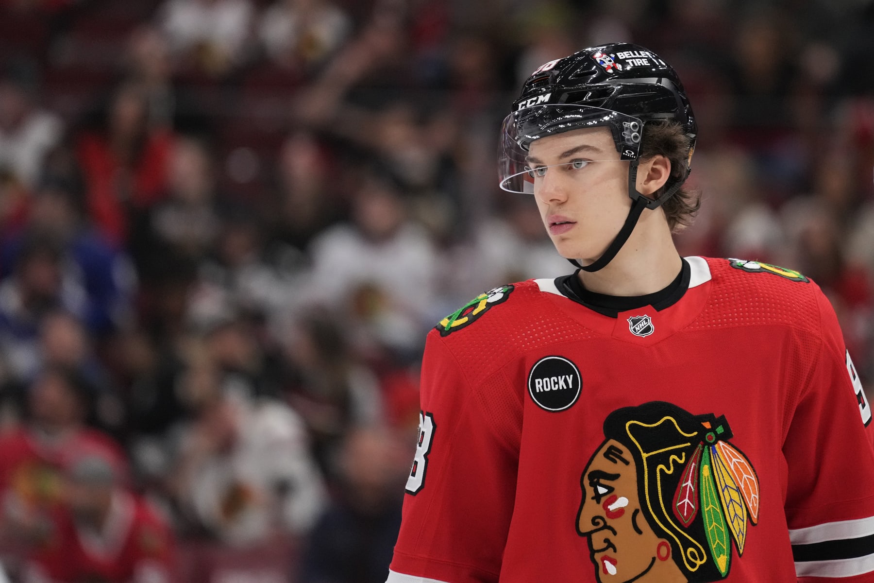 CHICAGO, ILLINOIS - NOVEMBER 16: Connor Bedard #98 of the Chicago Blackhawks looks on against the Tampa Bay Lightning during the third period at the United Center on November 16, 2023 in Chicago, Illinois. (Photo by Patrick McDermott/Getty Images)