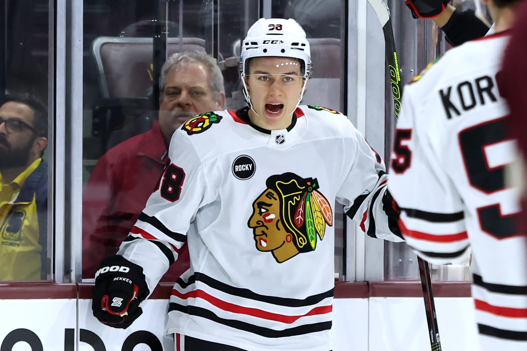 TEMPE, ARIZONA - OCTOBER 30: Connor Bedard #98 of the Chicago Blackhawks celebrates a goal at Mullett Arena on October 30, 2023 in Tempe, Arizona. (Photo by Zac BonDurant/Getty Images)