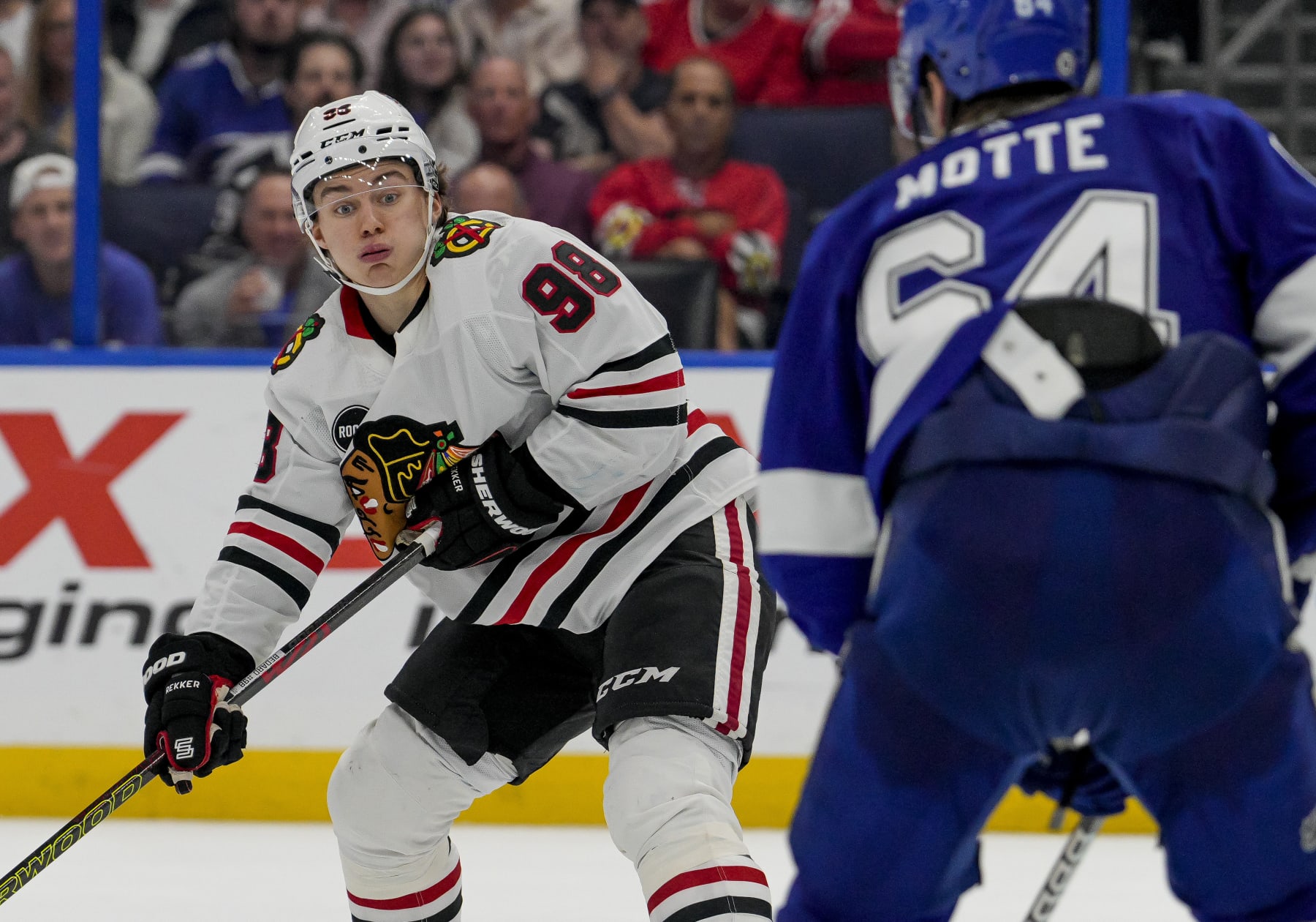 TAMPA, FL - NOVEMBER 09: Chicago Blackhawks center Connor Bedard (98)shoots the puck during the NHL Hockey match between the Tampa Bay Lightning and Chicago Blackhawks on November 9th, 2023 at Amalie Arena in Tampa, FL. (Photo by Andrew Bershaw/Icon Sportswire via Getty Images)
