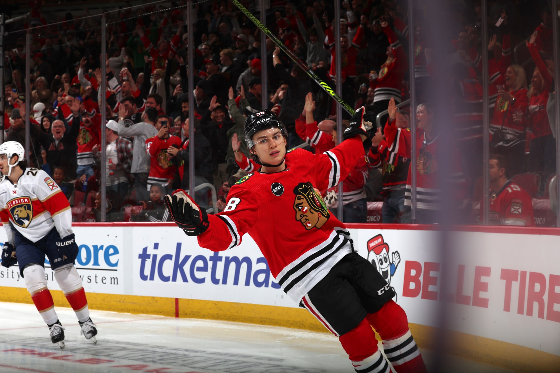 CHICAGO, ILLINOIS - NOVEMBER 04: Connor Bedard #98 of the Chicago Blackhawks skates off after scoring during the second period against the Florida Panthers at the United Center on November 04, 2023 in Chicago, Illinois. (Photo by Chase Agnello-Dean/NHLI via Getty Images)