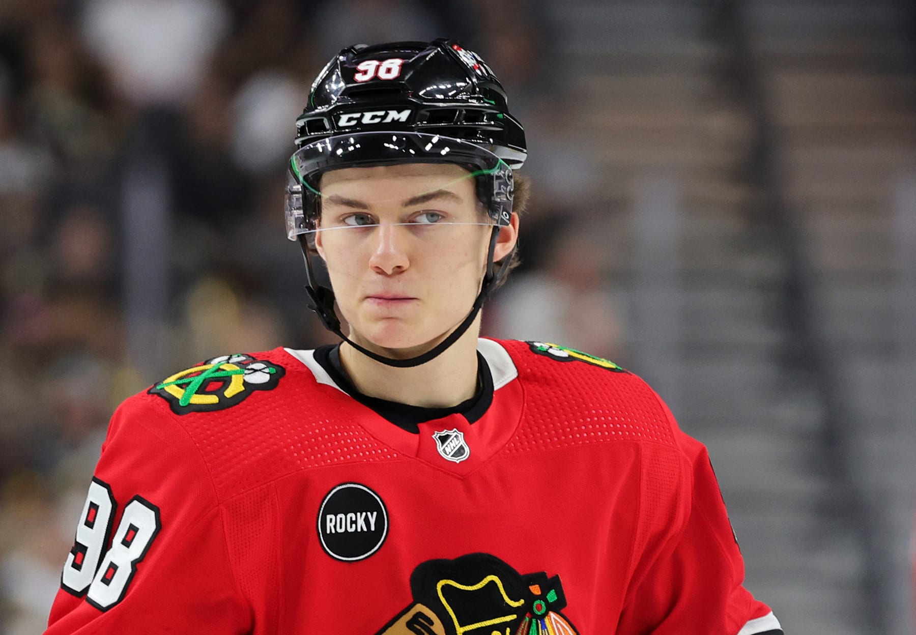 LAS VEGAS, NEVADA - OCTOBER 27: Connor Bedard #98 of the Chicago Blackhawks takes a break during a stop in play in the third period of a game against the Vegas Golden Knights at T-Mobile Arena on October 27, 2023 in Las Vegas, Nevada. The Blackhawks defeated the Golden Knights 4-3 in overtime. (Photo by Ethan Miller/Getty Images)