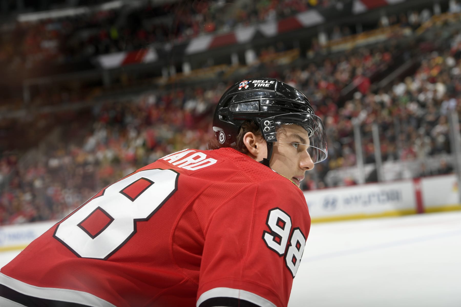 CHICAGO, ILLINOIS - OCTOBER 24: Connor Bedard #98 of the Chicago Blackhawks looks on in the first period against the Boston Bruins at the United Center on October 24, 2023 in Chicago, Illinois. (Photo by Bill Smith/NHLI via Getty Images)