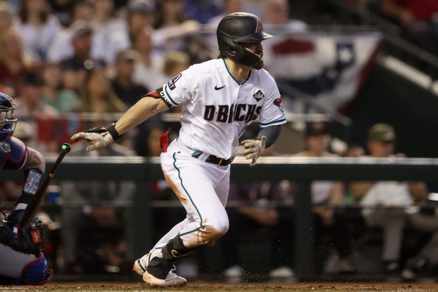 PHOENIX, AZ - NOVEMBER 01:   Corbin Carroll #7 of the Arizona Diamondbacks hits a single in the third inning during Game 5 of the 2023 World Series between the Texas Rangers and the Arizona Diamondbacks at Chase Field on Wednesday, November 1, 2023 in Phoenix, Arizona. (Photo by Rob Tringali/MLB Photos via Getty Images)
