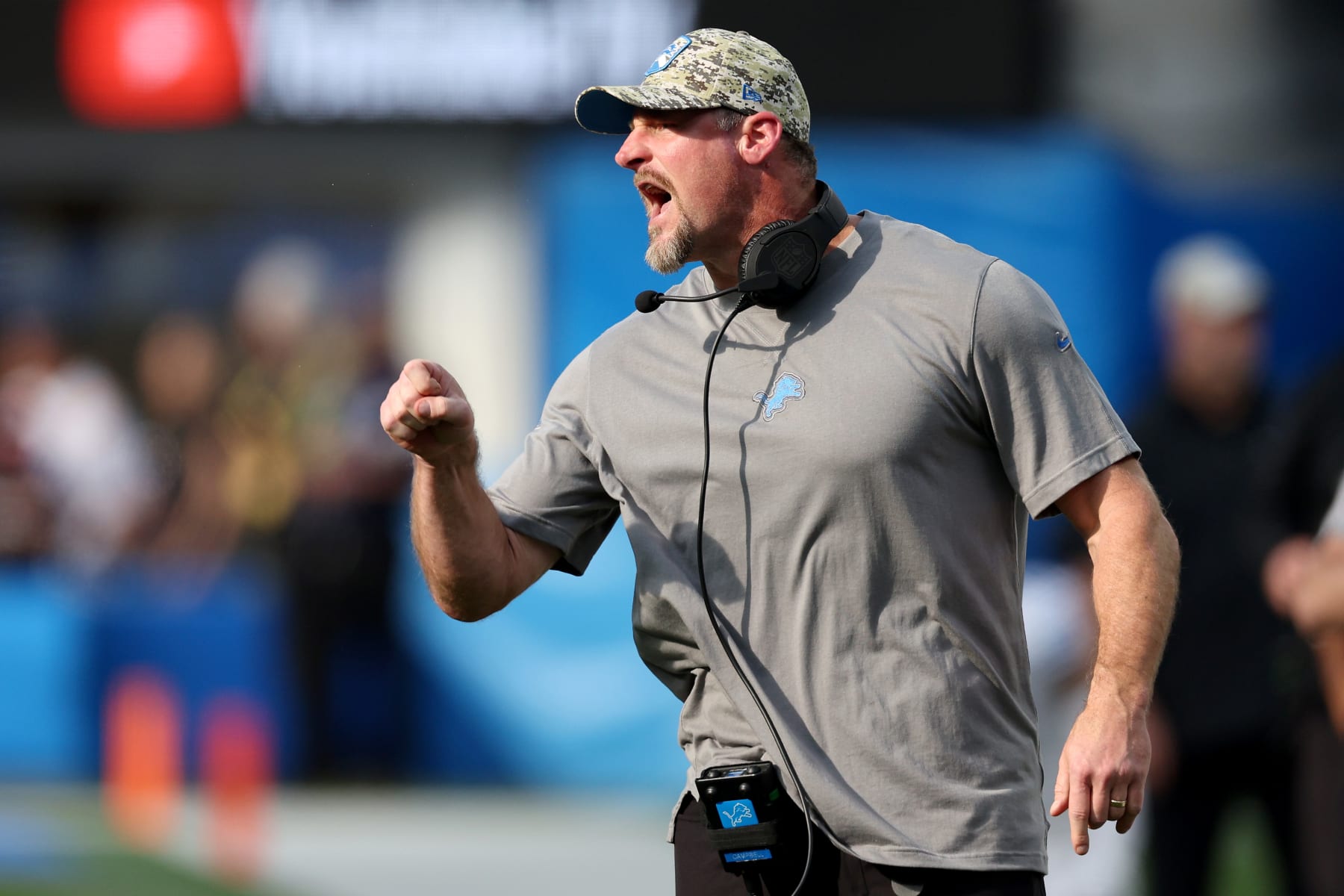 INGLEWOOD, CALIFORNIA - NOVEMBER 12: Detroit Lions head coach Dan Campbell celebrates a touchdown during the second quarter against the Los Angeles Chargers at SoFi Stadium on November 12, 2023 in Inglewood, California. (Photo by Harry How/Getty Images)