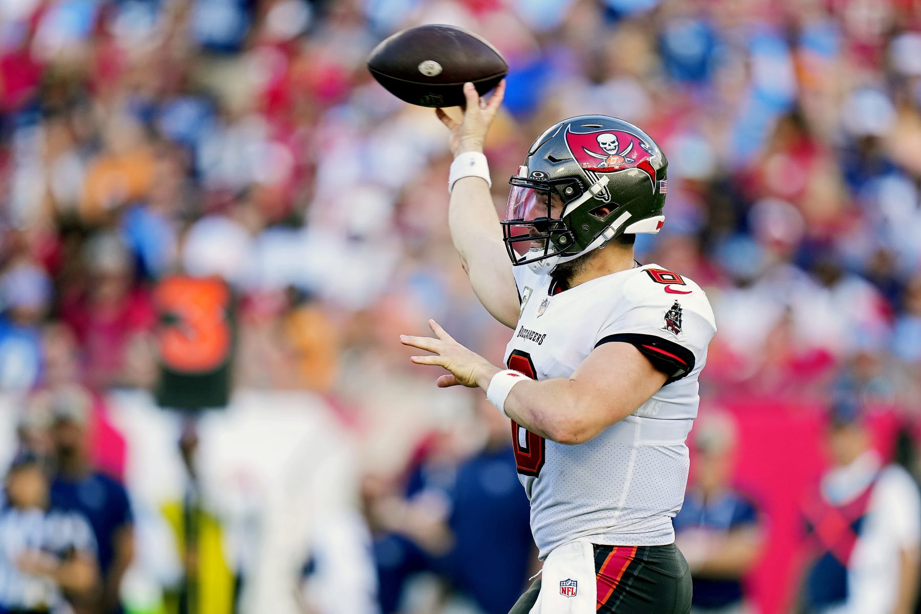 TAMPA, FLORIDA - NOVEMBER 12: Baker Mayfield #6 of the Tampa Bay Buccaneers attempts a pass during the third quarter against the Tennessee Titans at Raymond James Stadium on November 12, 2023 in Tampa, Florida. (Photo by Rich Storry/Getty Images)