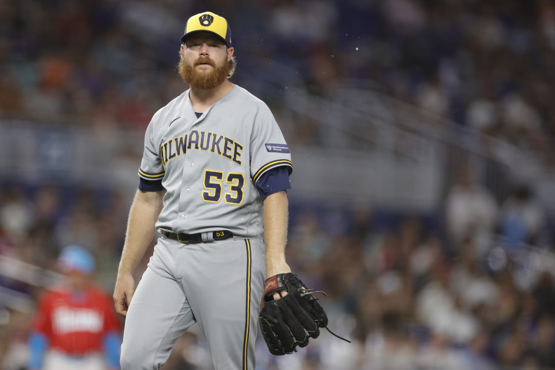 MIAMI, FLORIDA - SEPTEMBER 23: Brandon Woodruff #53 of the Milwaukee Brewers reacts during the third inning against the Miami Marlins at loanDepot park on September 23, 2023 in Miami, Florida. (Photo by Carmen Mandato/Getty Images)