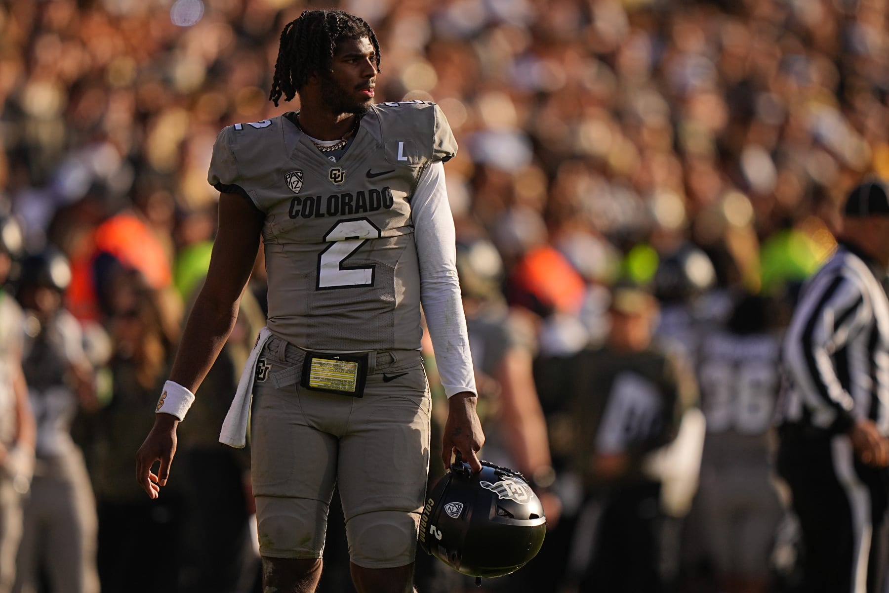 College Football: Colorado quarterback Shedeur Sanders (2) in action, looks on vs Arizona at Folsom Field. 
Boulder, CO 11/11/2023 
CREDIT: Erick W. Rasco (Photo by Erick W. Rasco/Sports Illustrated via Getty Images) 
(Set Number: X164462)