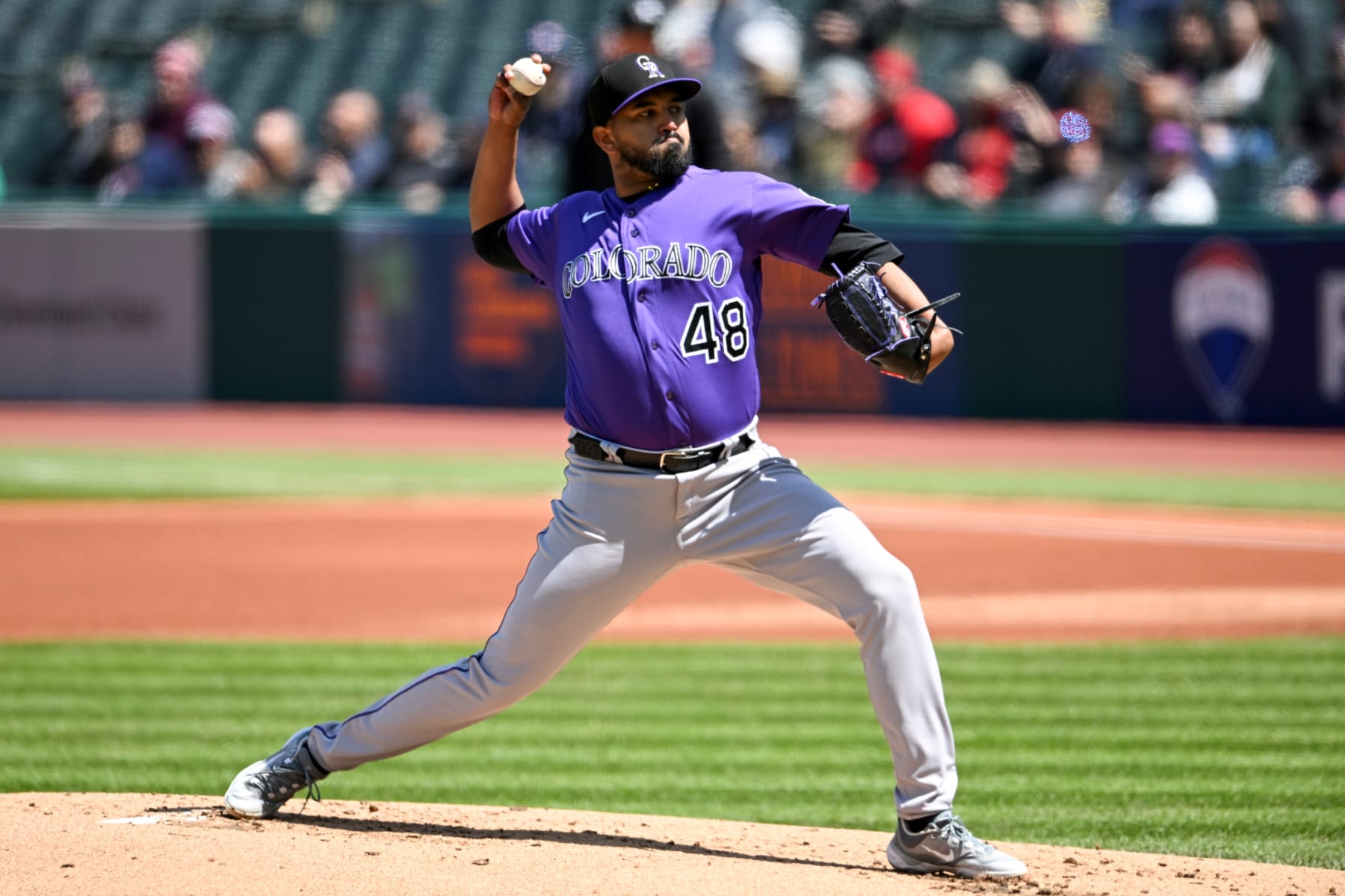 CLEVELAND, OHIO - APRIL 26: Germán Márquez #48 of the Colorado Rockies throws a pitch during first inning against the Cleveland Guardians at Progressive Field on April 26, 2023 in Cleveland, Ohio. (Photo by Nick Cammett/Diamond Images via Getty Images)