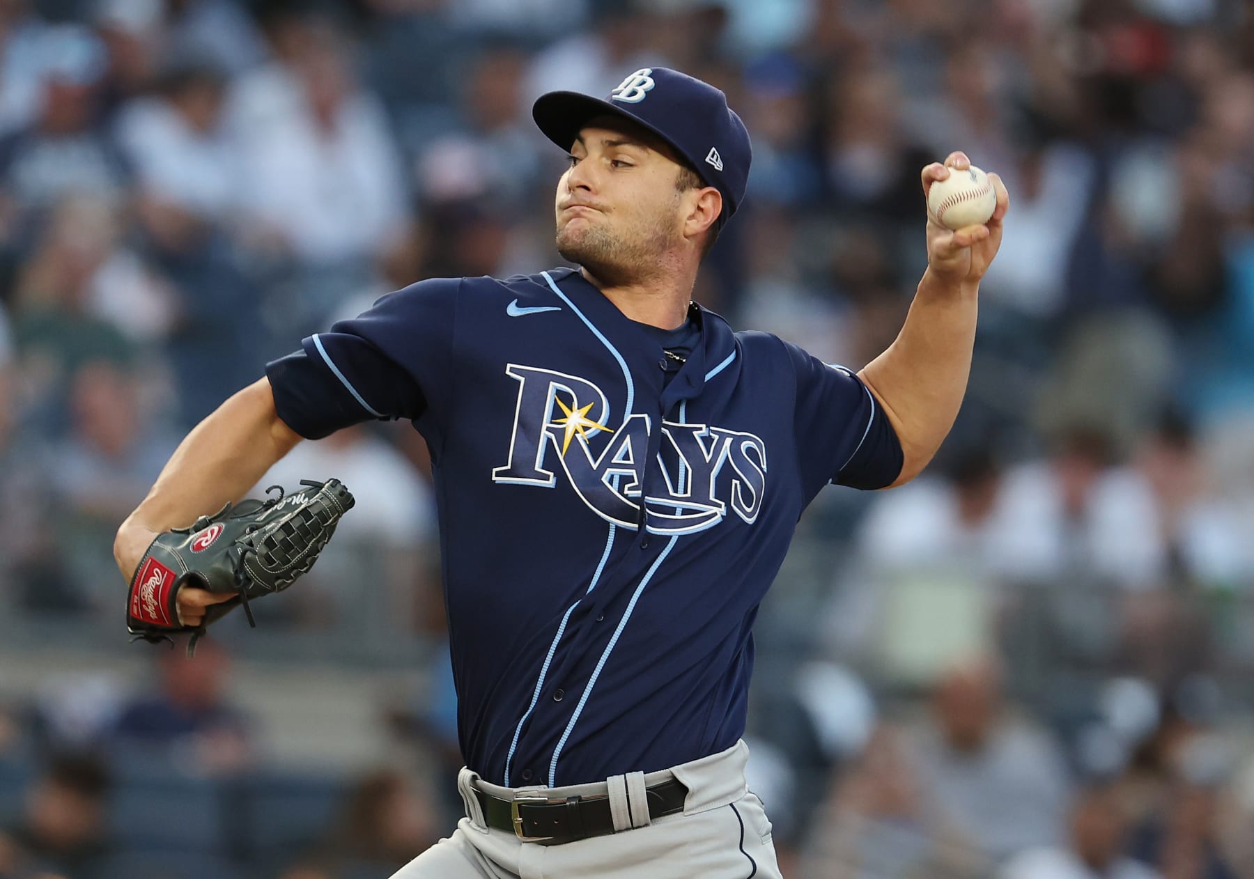 NEW YORK, NEW YORK - AUGUST 02: Shane McClanahan #18 of the Tampa Bay Rays pitches against the New York Yankees during their game at Yankee Stadium on August 2, 2023 in Bronx borough of New York City. (Photo by Al Bello/Getty Images)