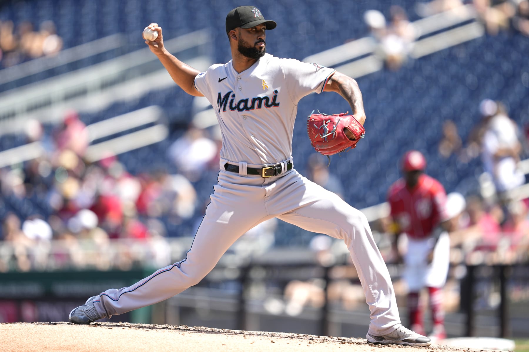 WASHINGTON, DC - SEPTEMBER 03: Sandy Alcantara #22 of the Miami Marlins pitches in the first inning during a baseball game against the Washington Nationals at Nationals Park on September 3, 2023 in Washington, DC. (Photo by Mitchell Layton/Getty Images)