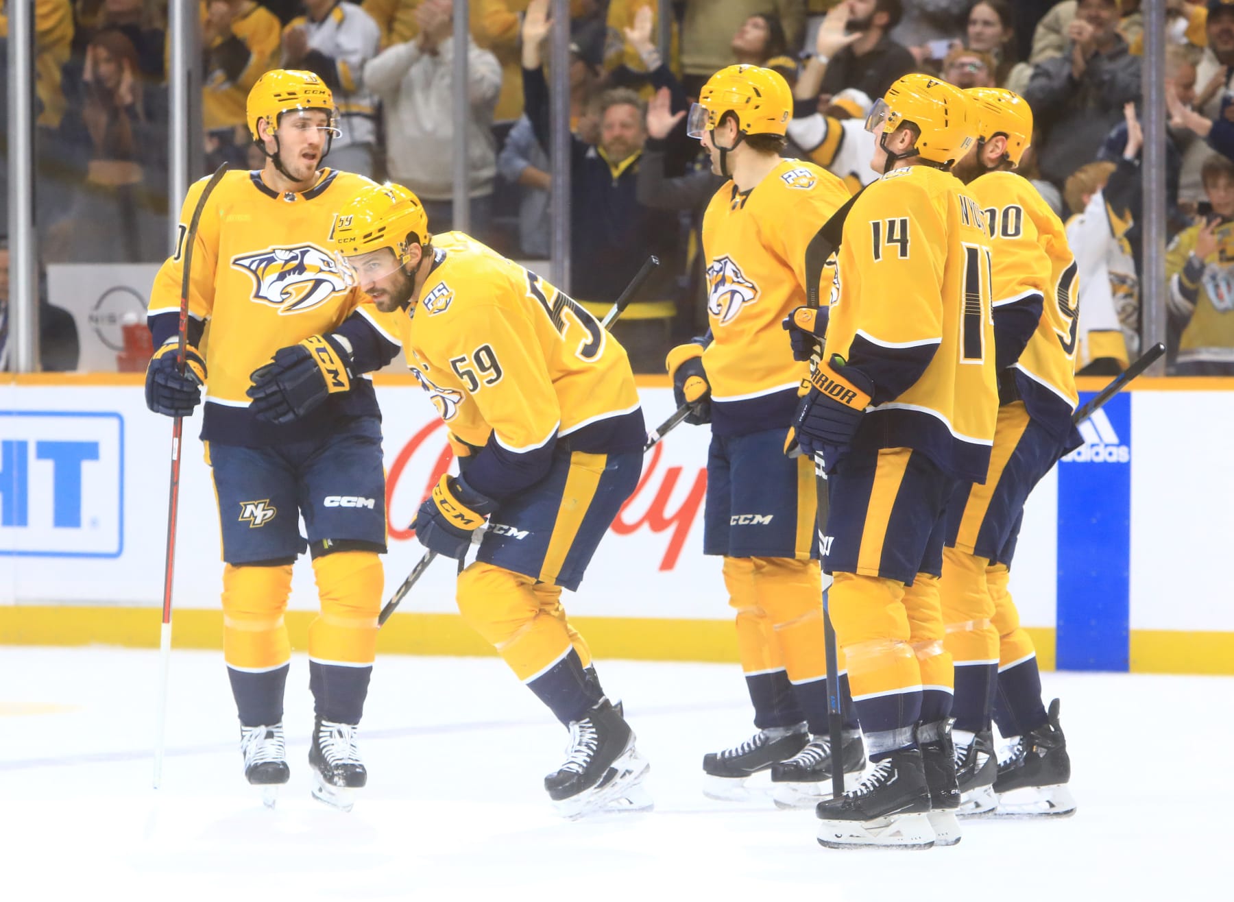 NASHVILLE, TN - NOVEMBER 14: Nashville Predators defenseman Roman Josi (59) skates back to the bench after his second period goal during the NHL game between the Nashville Predators and Anaheim Ducks, held on November 14, 2023, at Bridgestone Arena in Nashville, Tennessee. (Photo by Danny Murphy/Icon Sportswire via Getty Images)