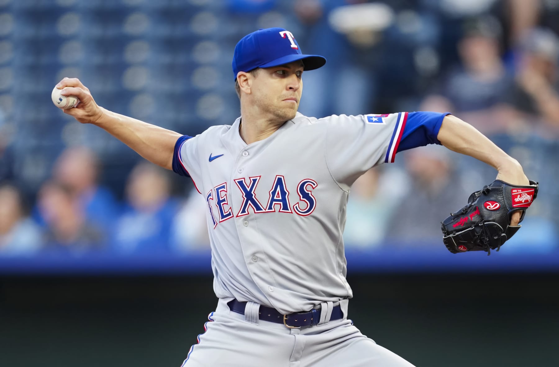 KANSAS CITY, MO - APRIL 17: Jacob deGrom #48 of the Texas Rangers pitches during the third inning against the Kansas City Royals at Kauffman Stadium on April 17, 2023 in Kansas City, Missouri. (Photo by Jay Biggerstaff/Getty Images)