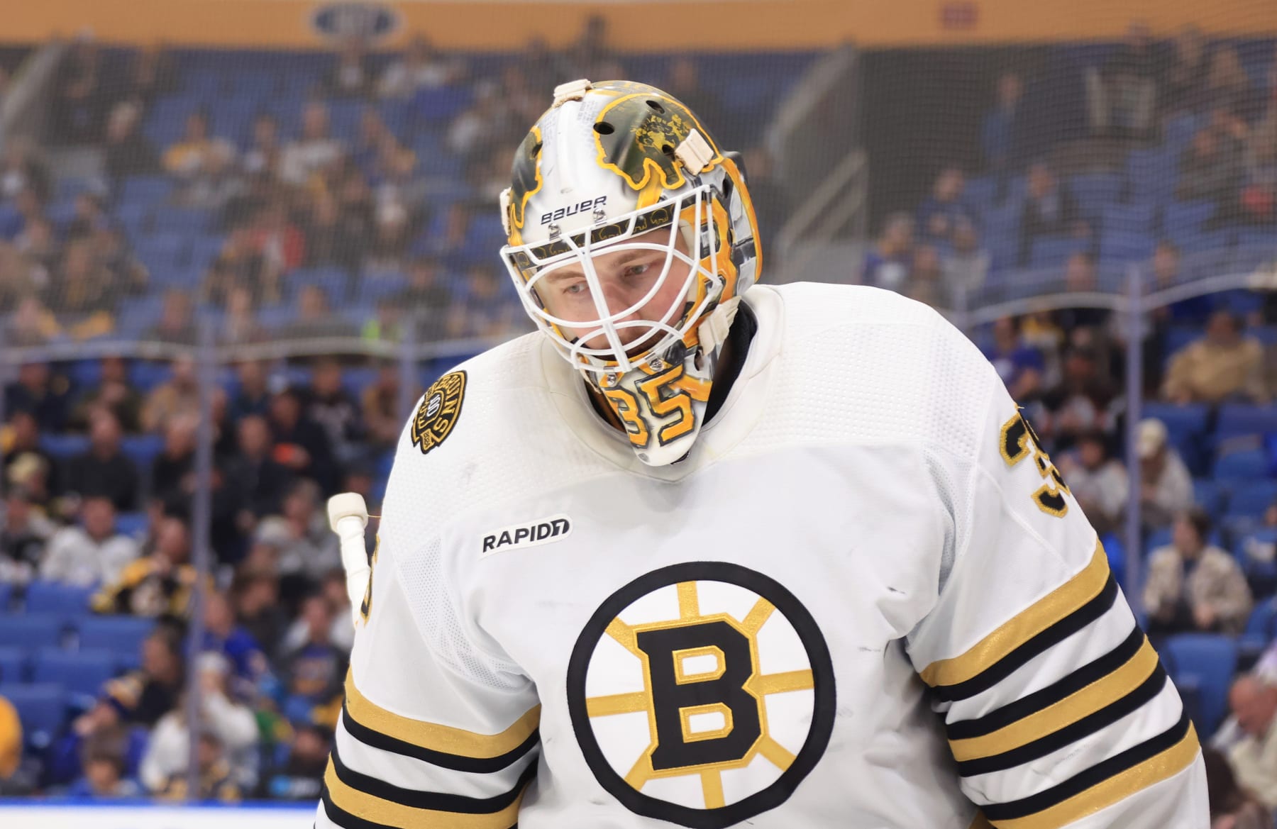 BUFFALO, NEW YORK - NOVEMBER 14: Linus Ullmark #35 of the Boston Bruins skates to the net against the Buffalo Sabres during an NHL game on November 14, 2023 at KeyBank Center in Buffalo, New York. (Photo by Bill Wippert/NHLI via Getty Images)