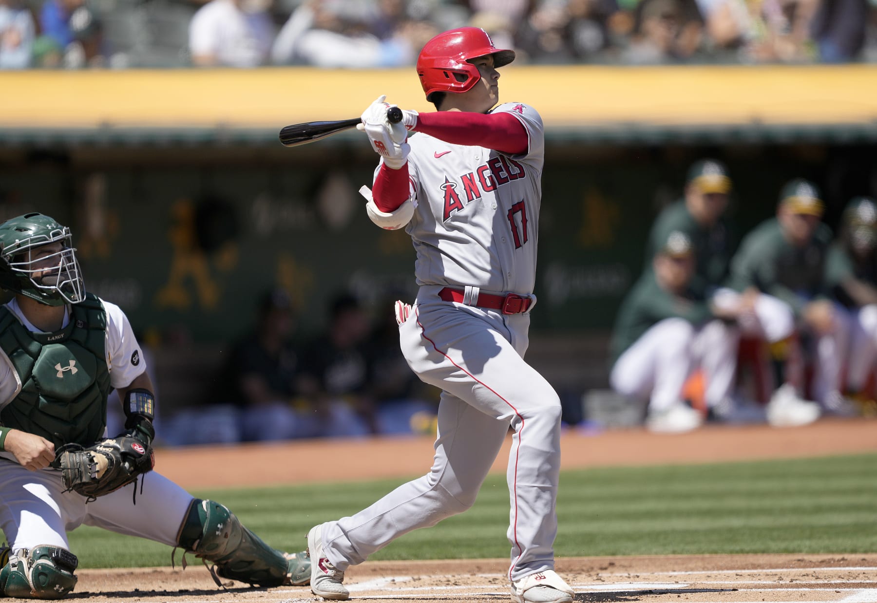 OAKLAND, CALIFORNIA - SEPTEMBER 03: Shohei Ohtani #17 of the Los Angeles Angels bats against the Oakland Athletics in the top of the first inning at RingCentral Coliseum on September 03, 2023 in Oakland, California. (Photo by Thearon W. Henderson/Getty Images)