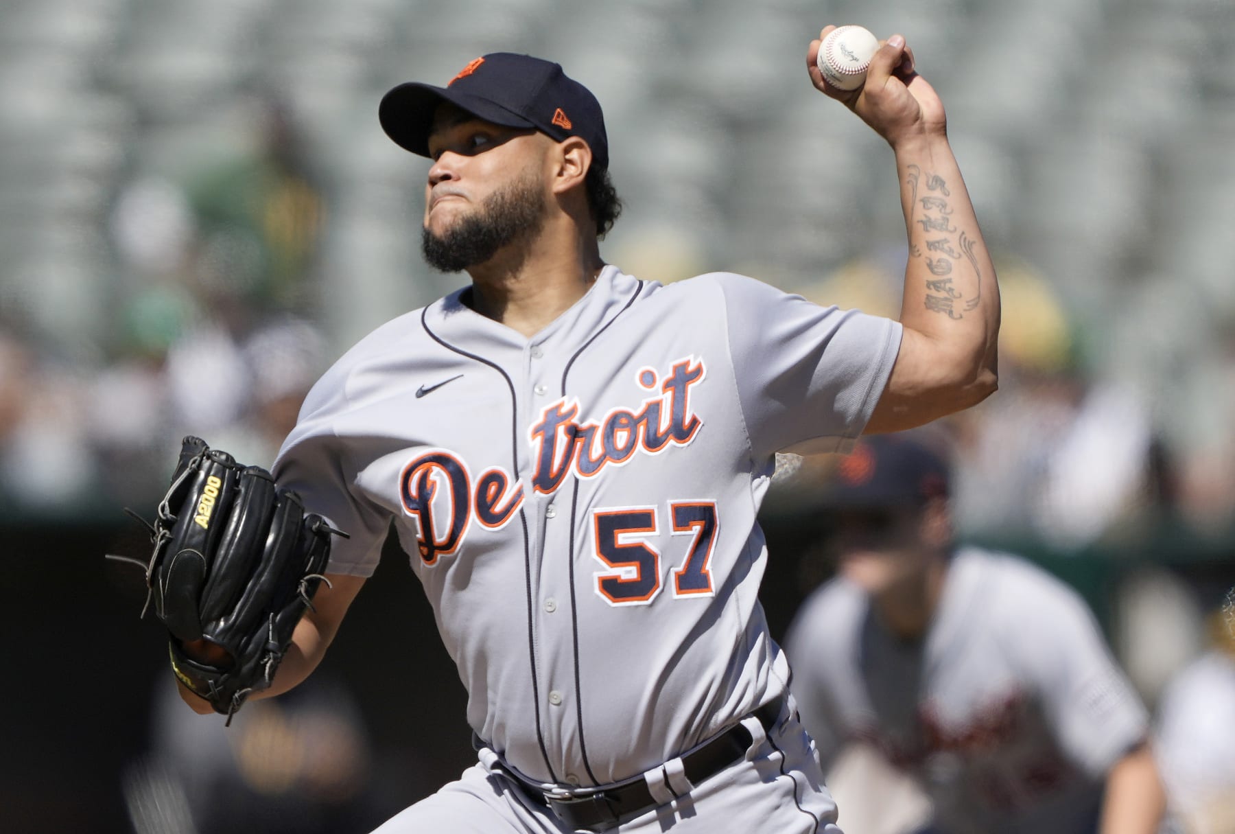 OAKLAND, CALIFORNIA - SEPTEMBER 24: Eduardo Rodriguez #57 of the Detroit Tigers pitches against the Oakland Athletics in the bottom of the first inning at RingCentral Coliseum on September 24, 2023 in Oakland, California. (Photo by Thearon W. Henderson/Getty Images)