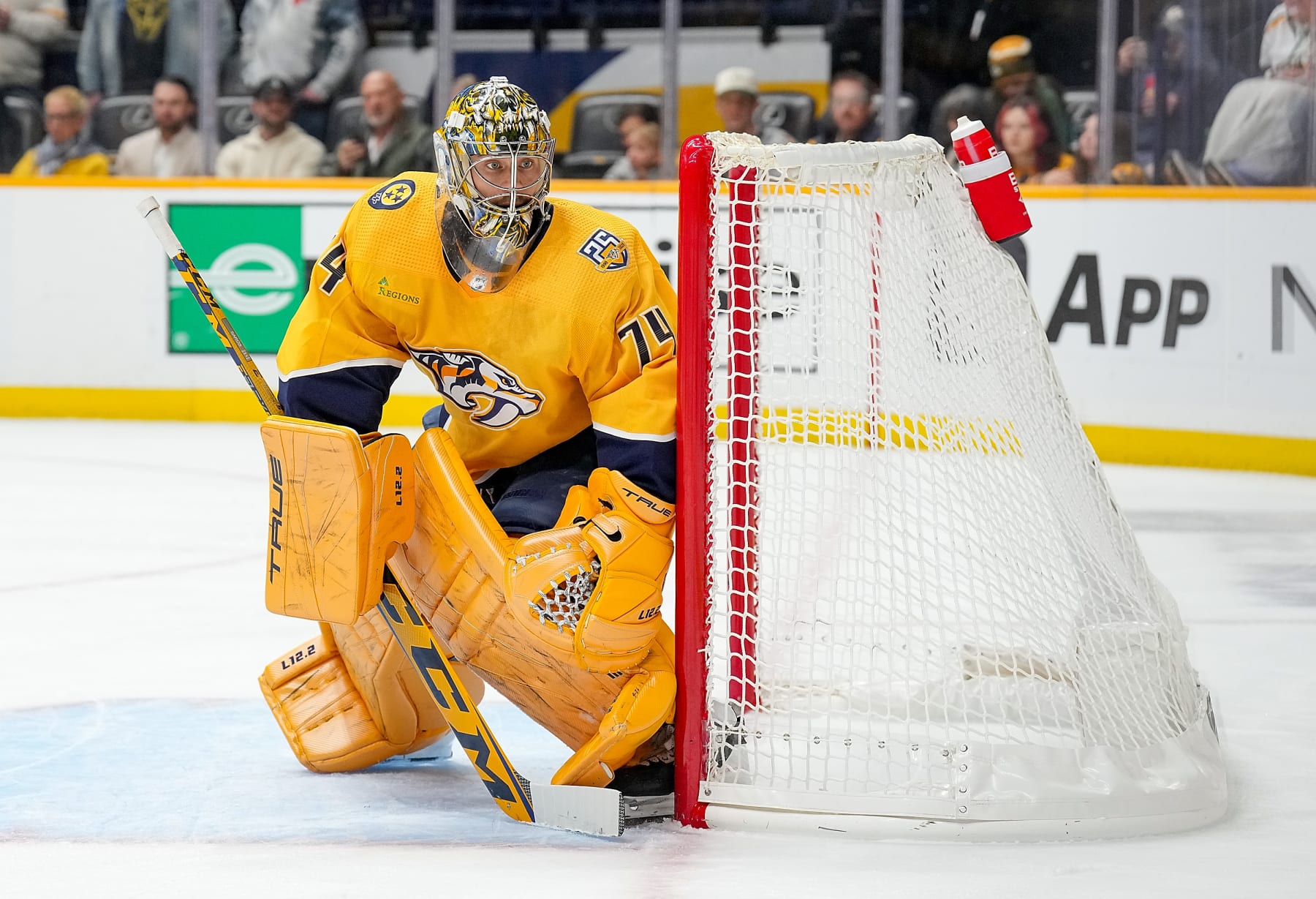 NASHVILLE, TENNESSEE - NOVEMBER 14: Juuse Saros #74 of the Nashville Predators tends net against the Anaheim Ducks during an NHL game at Bridgestone Arena on November 14, 2023 in Nashville, Tennessee. (Photo by John Russell/NHLI via Getty Images)