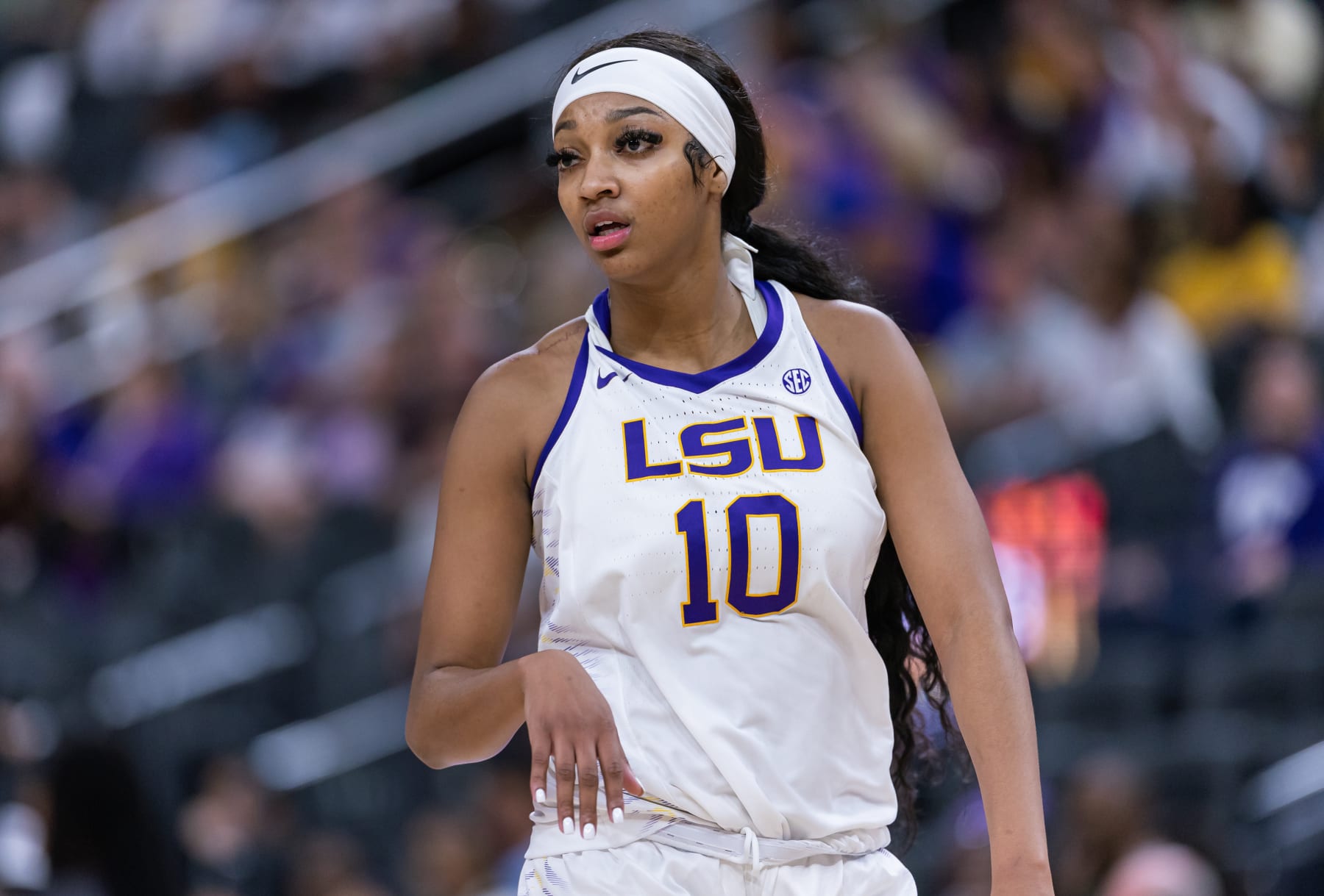 LAS VEGAS, NEVADA - NOVEMBER 6:  Angel Reese #10 of the LSU Lady Tigers is seen during the game against the Colorado Buffaloes in the Naismith Hall of Fame Series at T-Mobile Arena on November 6, 2023 in Las Vegas, Nevada. (Photo by Michael Hickey/Getty Images)