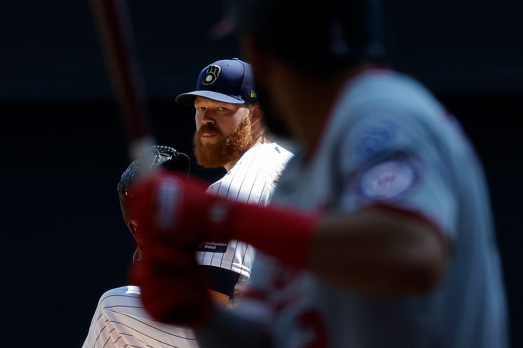 MILWAUKEE, WISCONSIN - SEPTEMBER 17: Brandon Woodruff #53 of the Milwaukee Brewers pitches against the Washington Nationals at American Family Field on September 17, 2023 in Milwaukee, Wisconsin. (Photo by John Fisher/Getty Images)