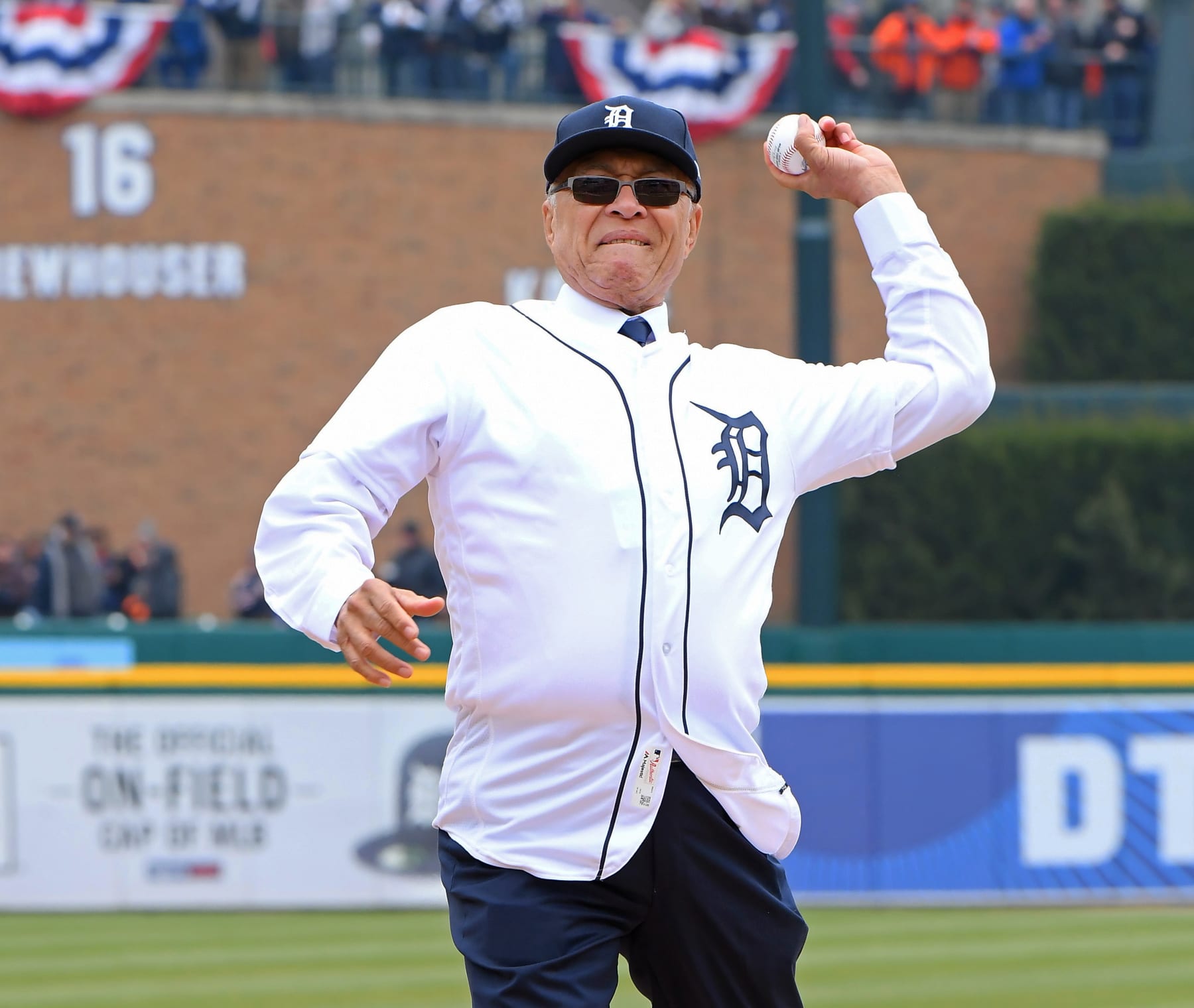 DETROIT, MI - APRIL 04: Former Detroit Tigers relief pitcher Willie Hernandez throws out the ceremonial first pitch prior to the Opening Day game between the Detroit Tigers and the Kansas City Royals at Comerica Park on April 4, 2019 in Detroit, Michigan. The Tigers defeated the Royals 5-4. (Photo by Mark Cunningham/MLB Photos via Getty Images)