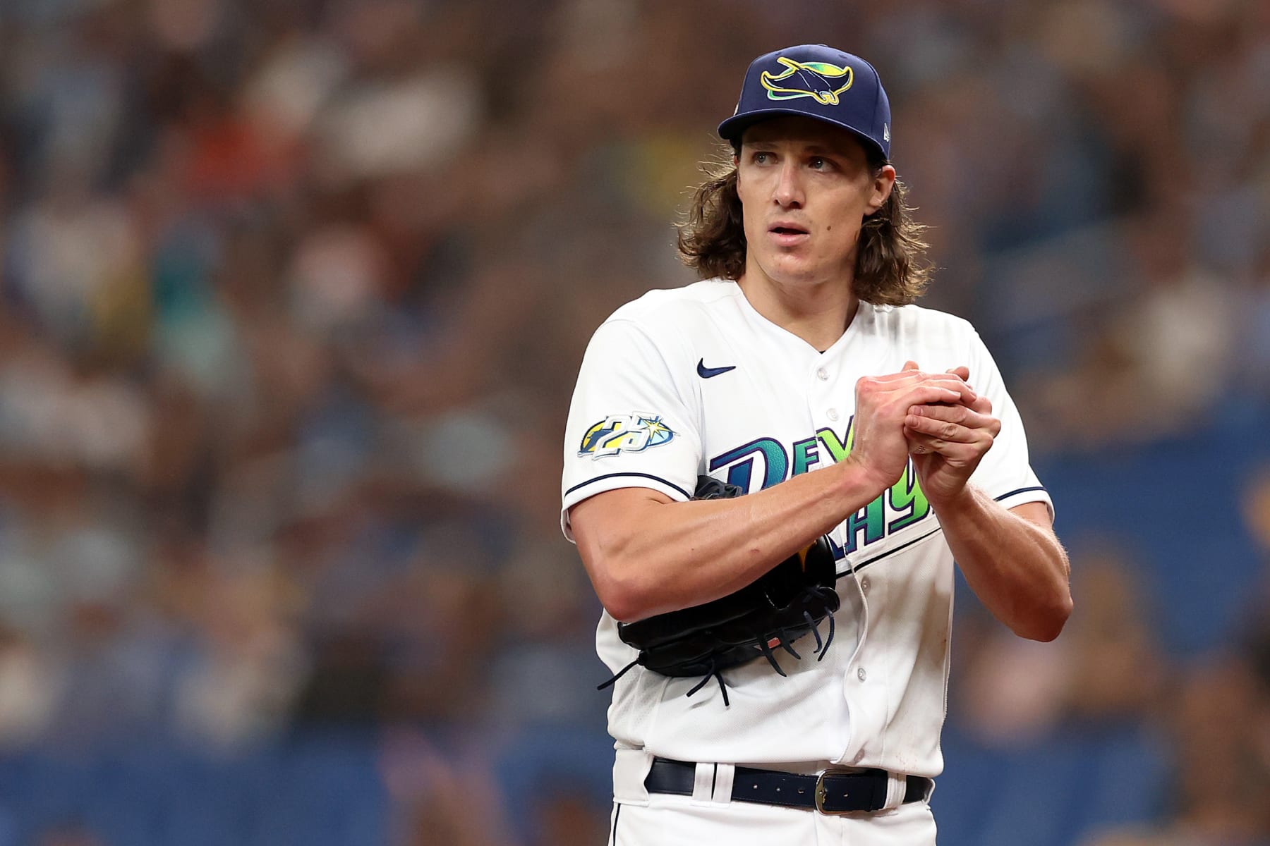 ST PETERSBURG, FLORIDA - OCTOBER 03: Tyler Glasnow #20 of the Tampa Bay Rays looks on in the first inning against the Texas Rangers during Game One of the Wild Card Series at Tropicana Field on October 03, 2023 in St Petersburg, Florida. (Photo by Megan Briggs/Getty Images)