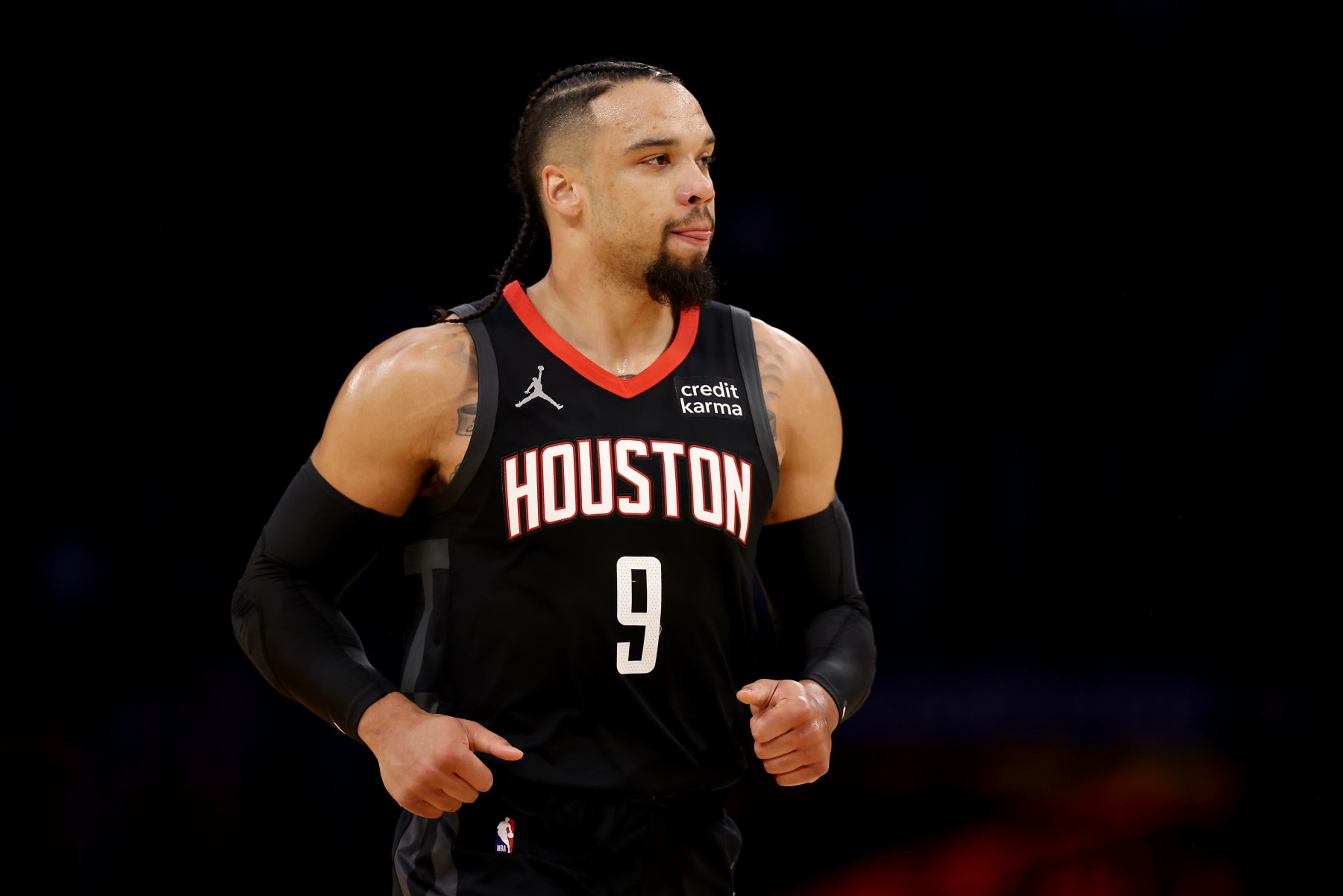 LOS ANGELES, CALIFORNIA - NOVEMBER 19: Dillon Brooks #9 of the Houston Rockets looks on during the first quarter against the Los Angeles Lakers at Crypto.com Arena on November 19, 2023 in Los Angeles, California. NOTE TO USER: User expressly acknowledges and agrees that, by downloading and or using this photograph, User is consenting to the terms and conditions of the Getty Images License Agreement. (Photo by Katelyn Mulcahy/Getty Images)