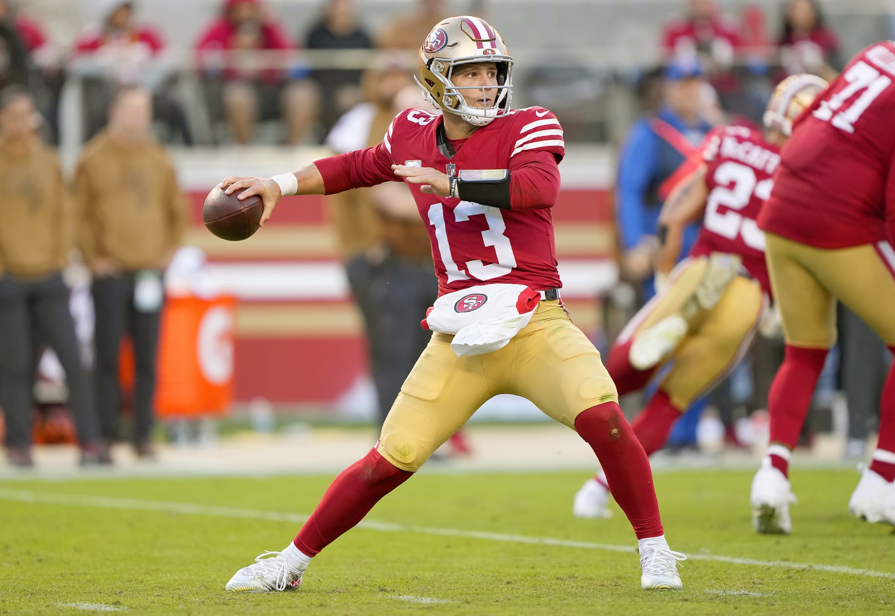 SANTA CLARA, CALIFORNIA - NOVEMBER 19: Brock Purdy #13 of the San Francisco 49ers drops back looking to pass against the Tampa Bay Buccaneers during the fourth quarter of an NFL football game at Levi's Stadium on November 19, 2023 in Santa Clara, California. (Photo by Thearon W. Henderson/Getty Images)