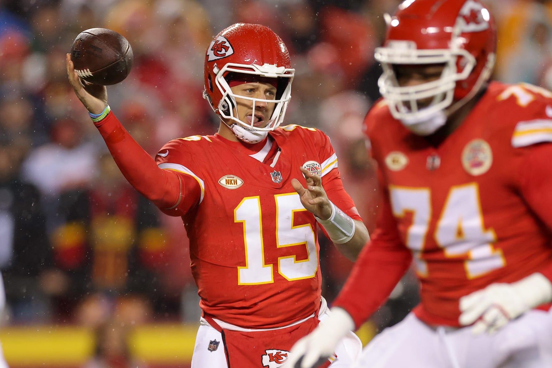 KANSAS CITY, MISSOURI - NOVEMBER 20: Patrick Mahomes #15 of the Kansas City Chiefs passes the ball against the Philadelphia Eagles at GEHA Field at Arrowhead Stadium on November 20, 2023 in Kansas City, Missouri. (Photo by Jamie Squire/Getty Images)