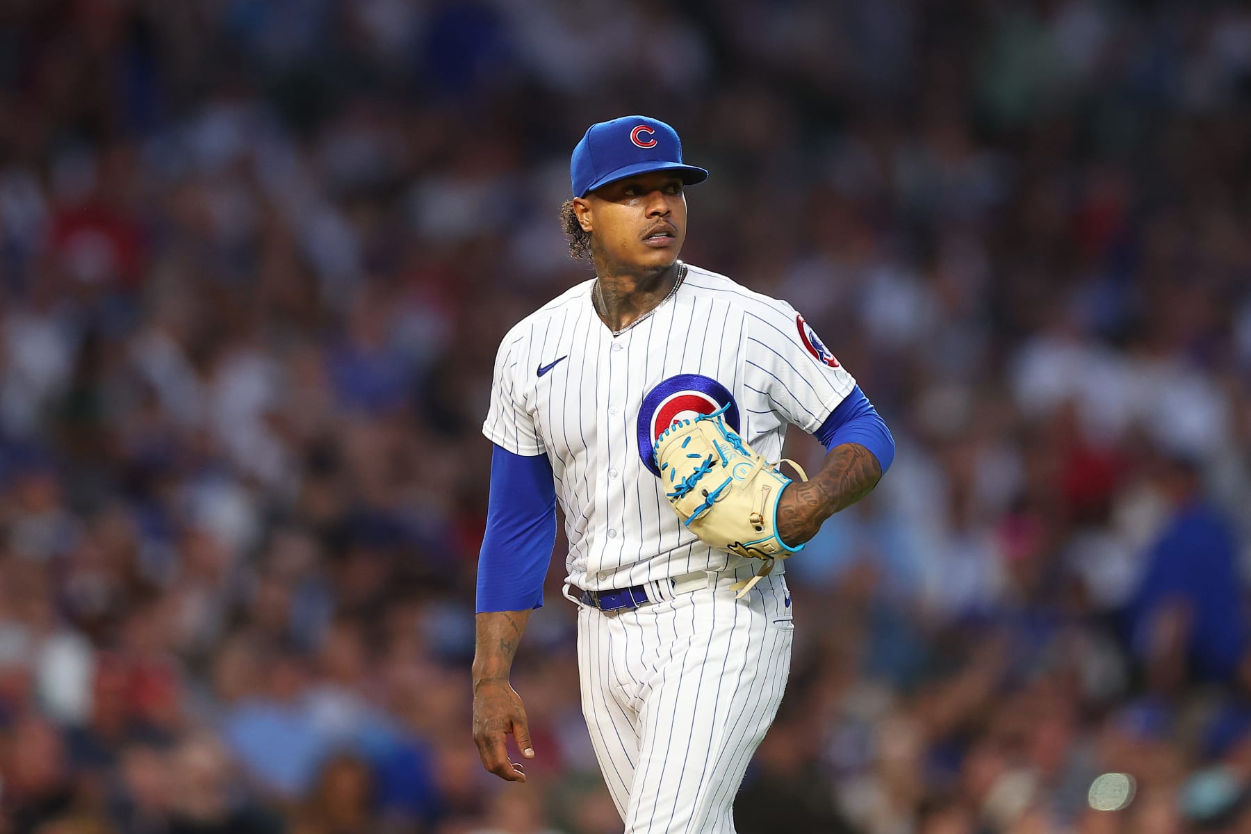 CHICAGO, ILLINOIS - JULY 20: Marcus Stroman #0 of the Chicago Cubs reacts against the St. Louis Cardinals during the fourth inning at Wrigley Field on July 20, 2023 in Chicago, Illinois. (Photo by Michael Reaves/Getty Images)
