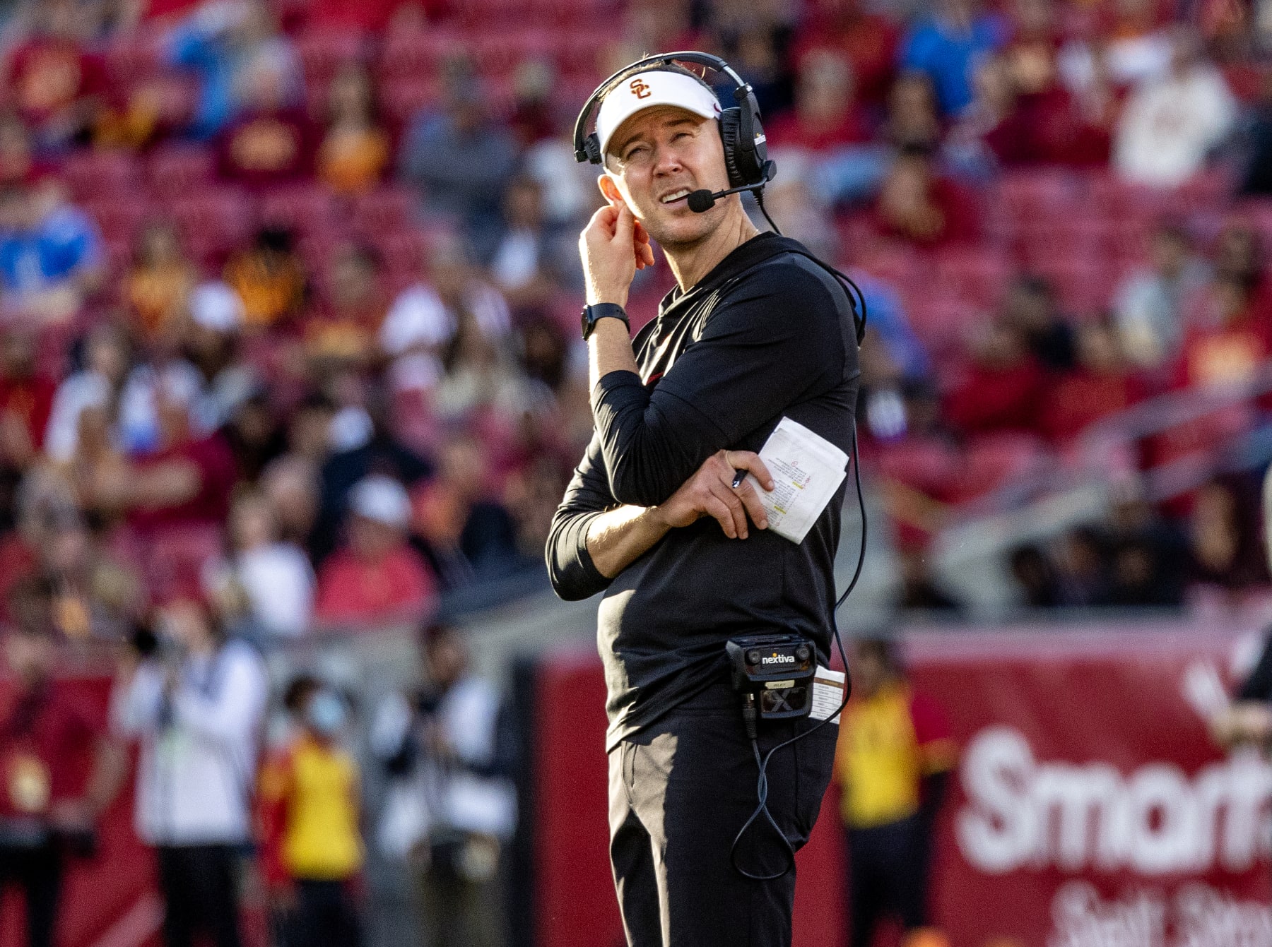 LOS ANGELES, CA - NOVEMBER 18, 2023: USC Trojans head coach Lincoln Riley looks at the replay board during the team's 38-20 loss to UCLA at the LA Memorial Coliseum on November 18, 2023 in Los Angeles, California.(Gina Ferazzi / Los Angeles Times via Getty Images)
