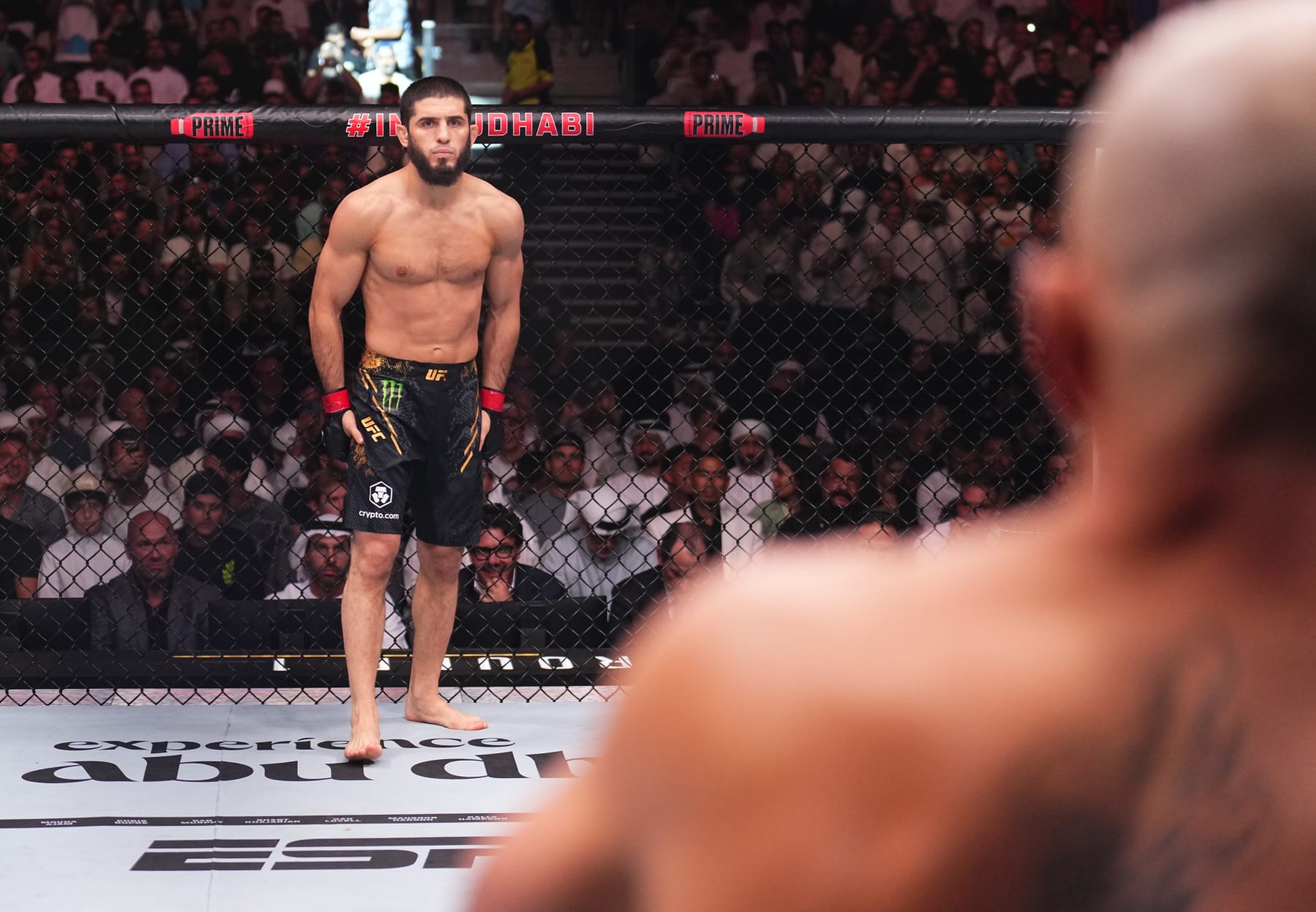 Islam Makhachev of Russia prepares to face Alexander Volkanovski of Australia.