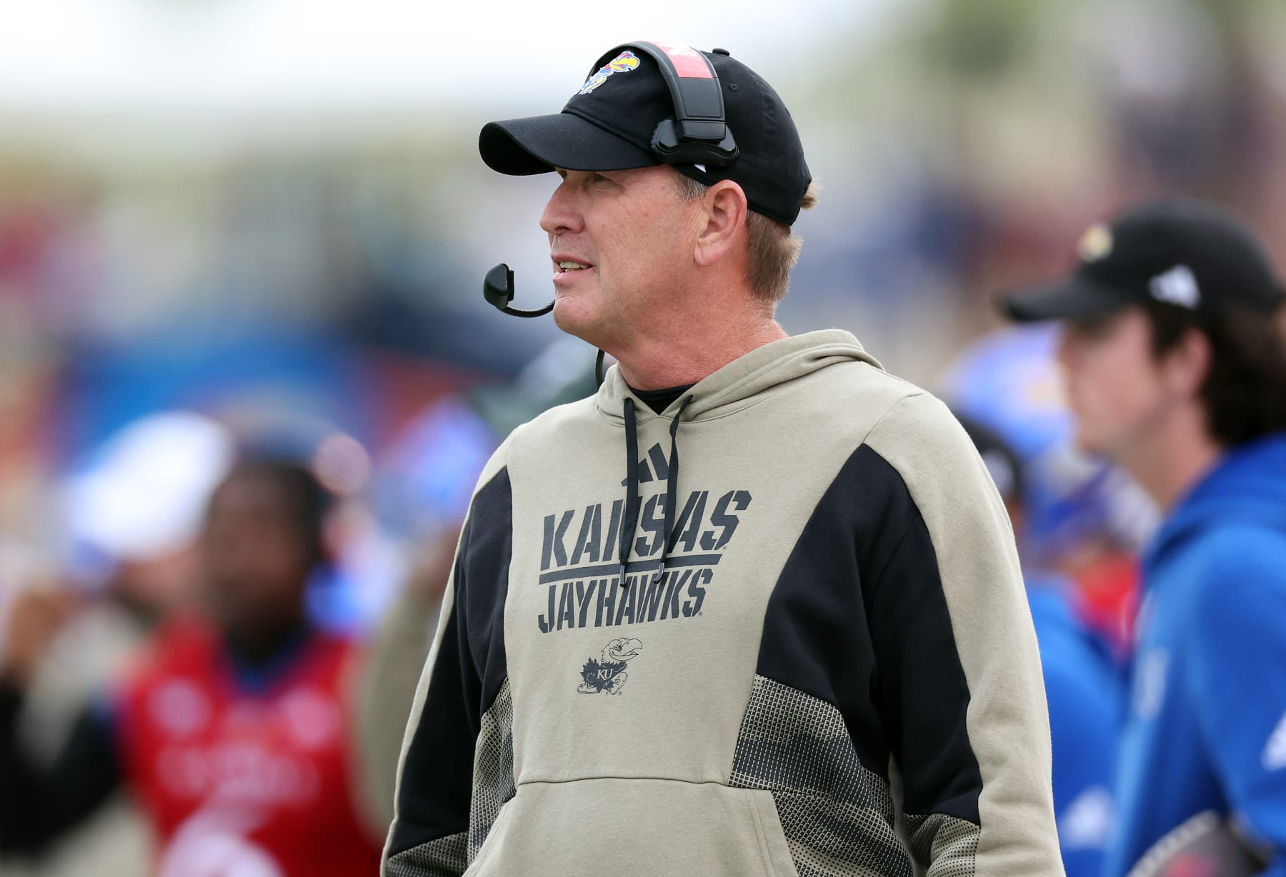 LAWRENCE, KANSAS - NOVEMBER 11:  Head coach Lance Leipold of the Kansas Jayhawks watches from the sidelines during the game against the Texas Tech Red Raiders at David Booth Kansas Memorial Stadium on November 11, 2023 in Lawrence, Kansas. (Photo by Jamie Squire/Getty Images)