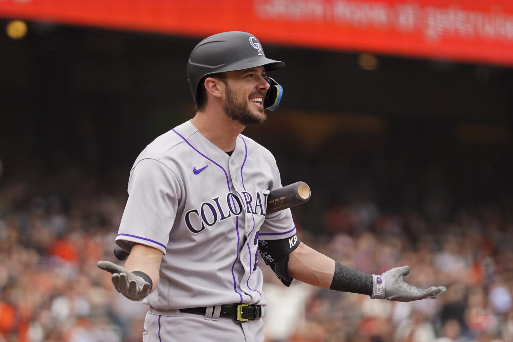 Colorado Rockies' Kris Bryant reacts at first base umpire Quinn Wolcott after a called strike in the ninth inning of a baseball game against San Francisco Giants starting pitcher Logan Webb in San Francisco, Sunday, July 9, 2023. (AP Photo/Eric Risberg)