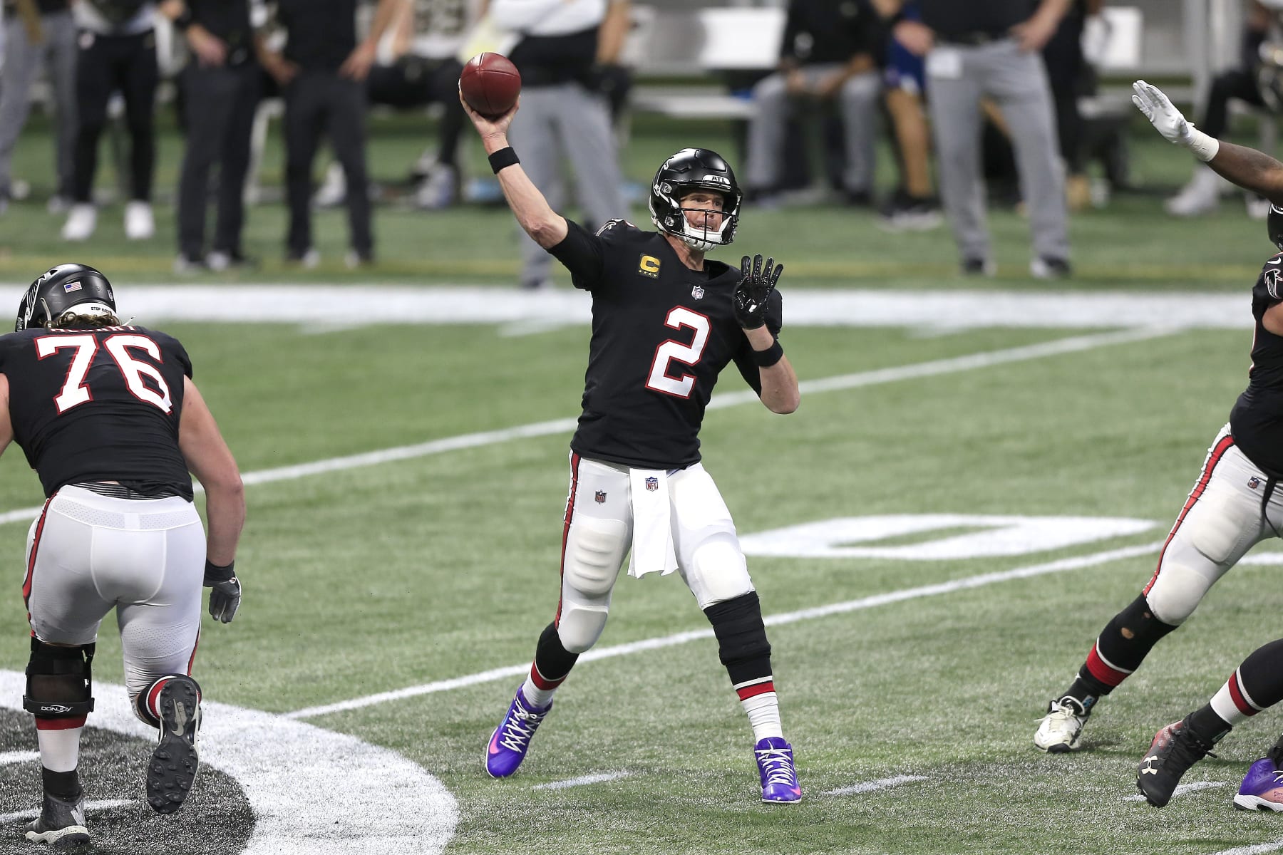 ATLANTA, GA - DECEMBER 06: Quarterback Matt Ryan #2 of the Atlanta Falcons during the week 13 NFL football game between the Atlanta Falcons and the New Orleans Saints on December 06, 2020 at the Mercedes-Benz Stadium in Atlanta, Georgia. (Photo by David John Griffin/Icon Sportswire via Getty Images)